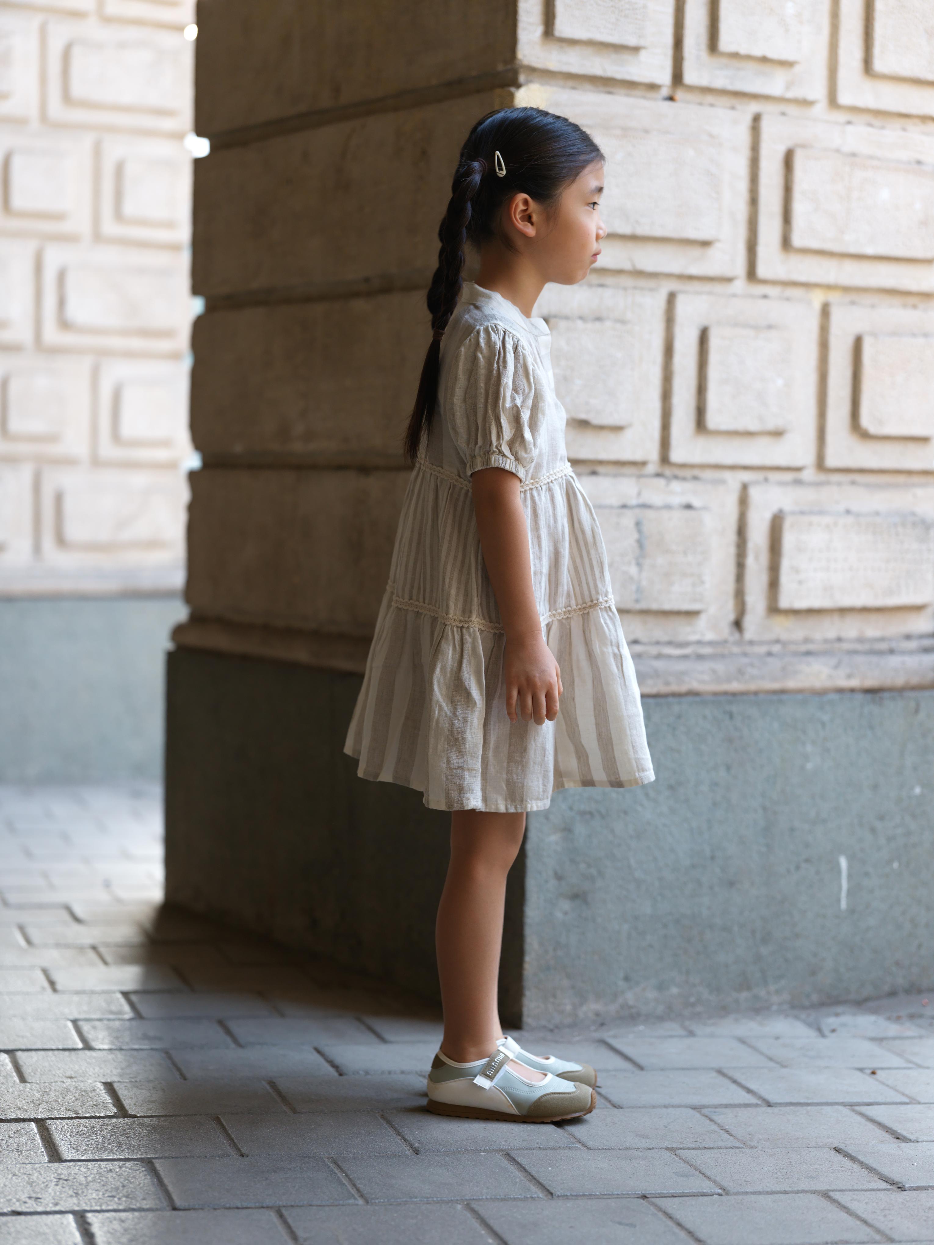 Girls 3 Tier V-Neck Dress Beige Cabana Stripe