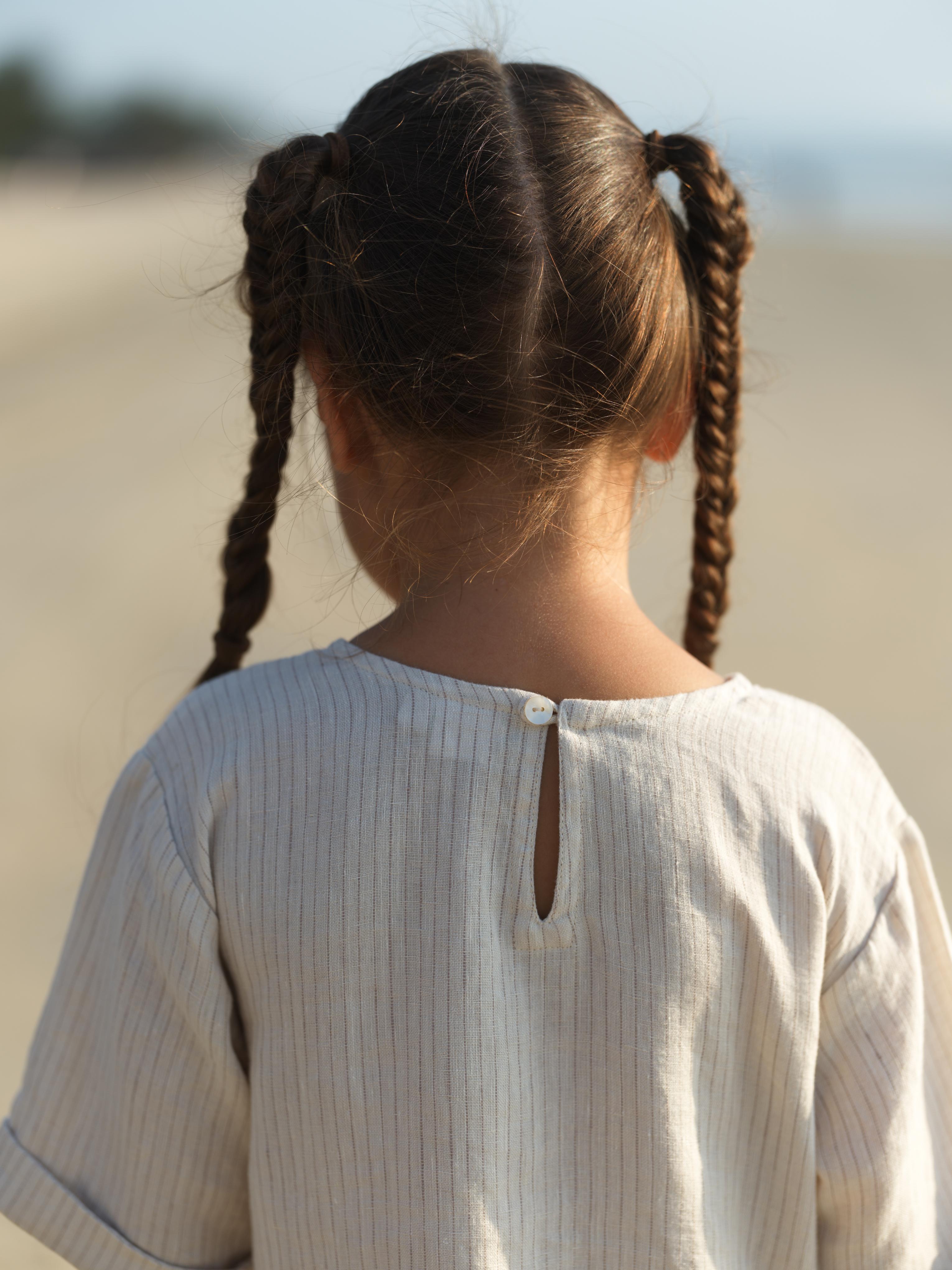 Girl Patch Pocket Drop Shoulder Dress Beige Lines