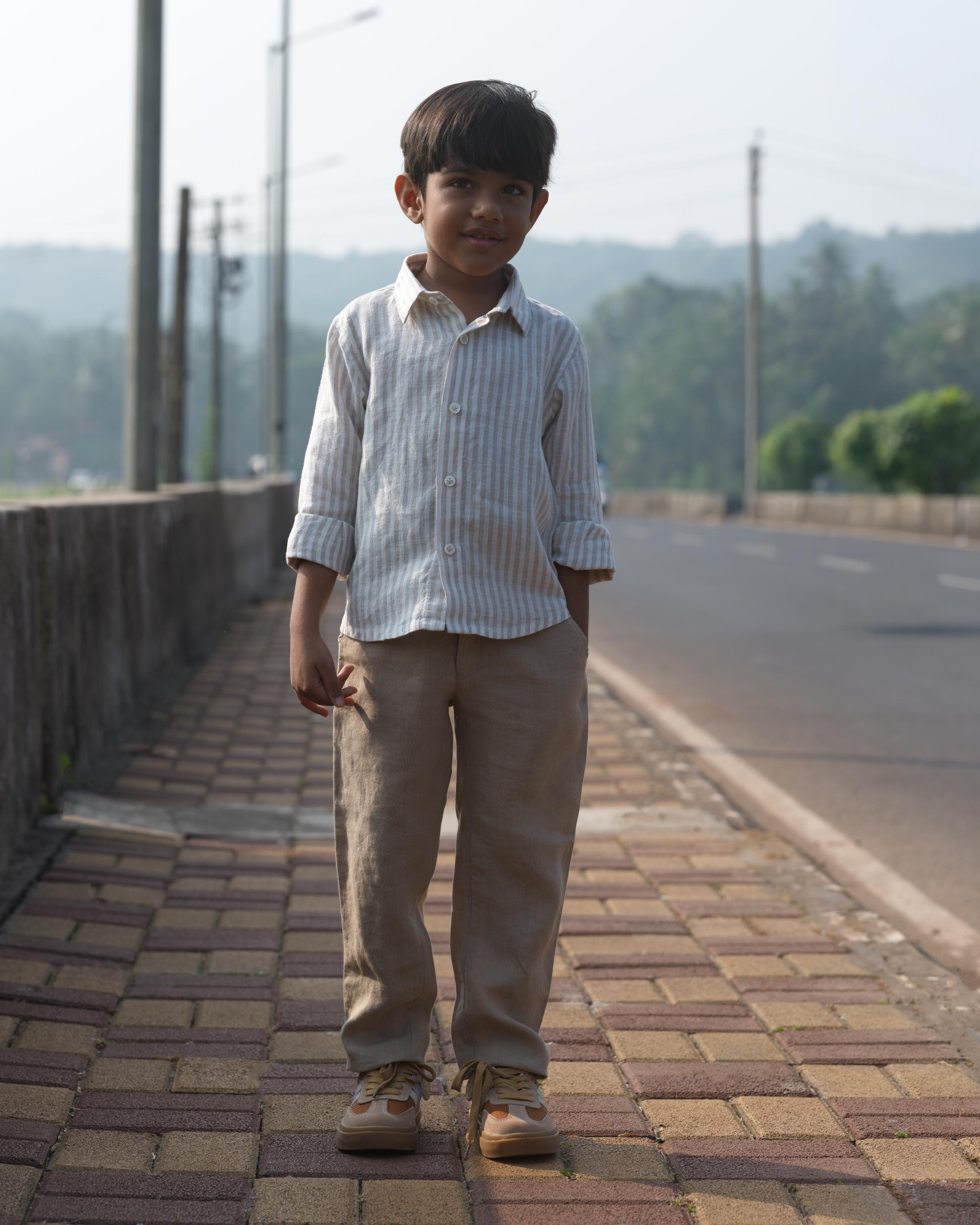 Boys Regular Collar Shirt Beige Stripe