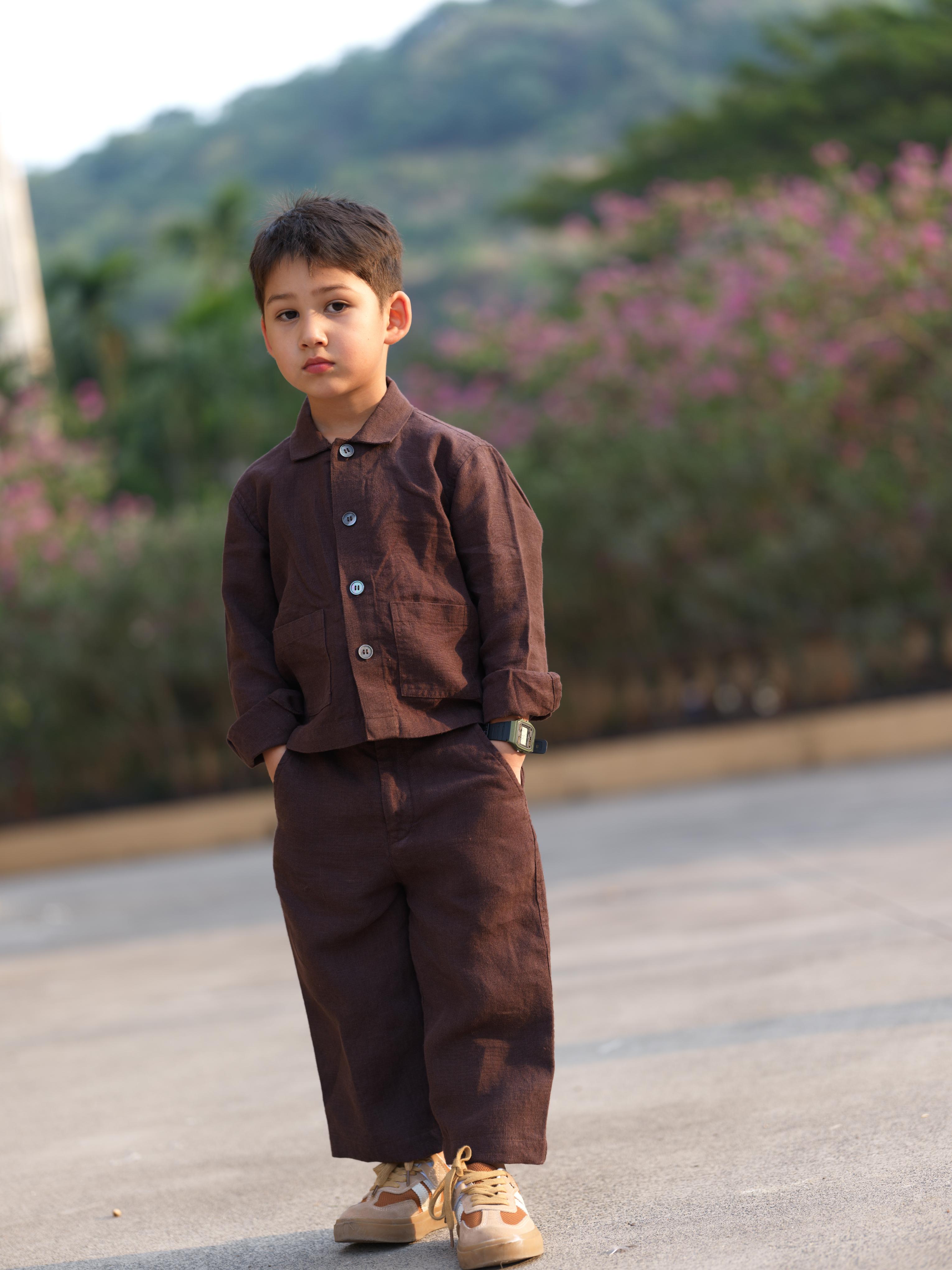 Boys Shacket Co-Ord Set Dark Brown