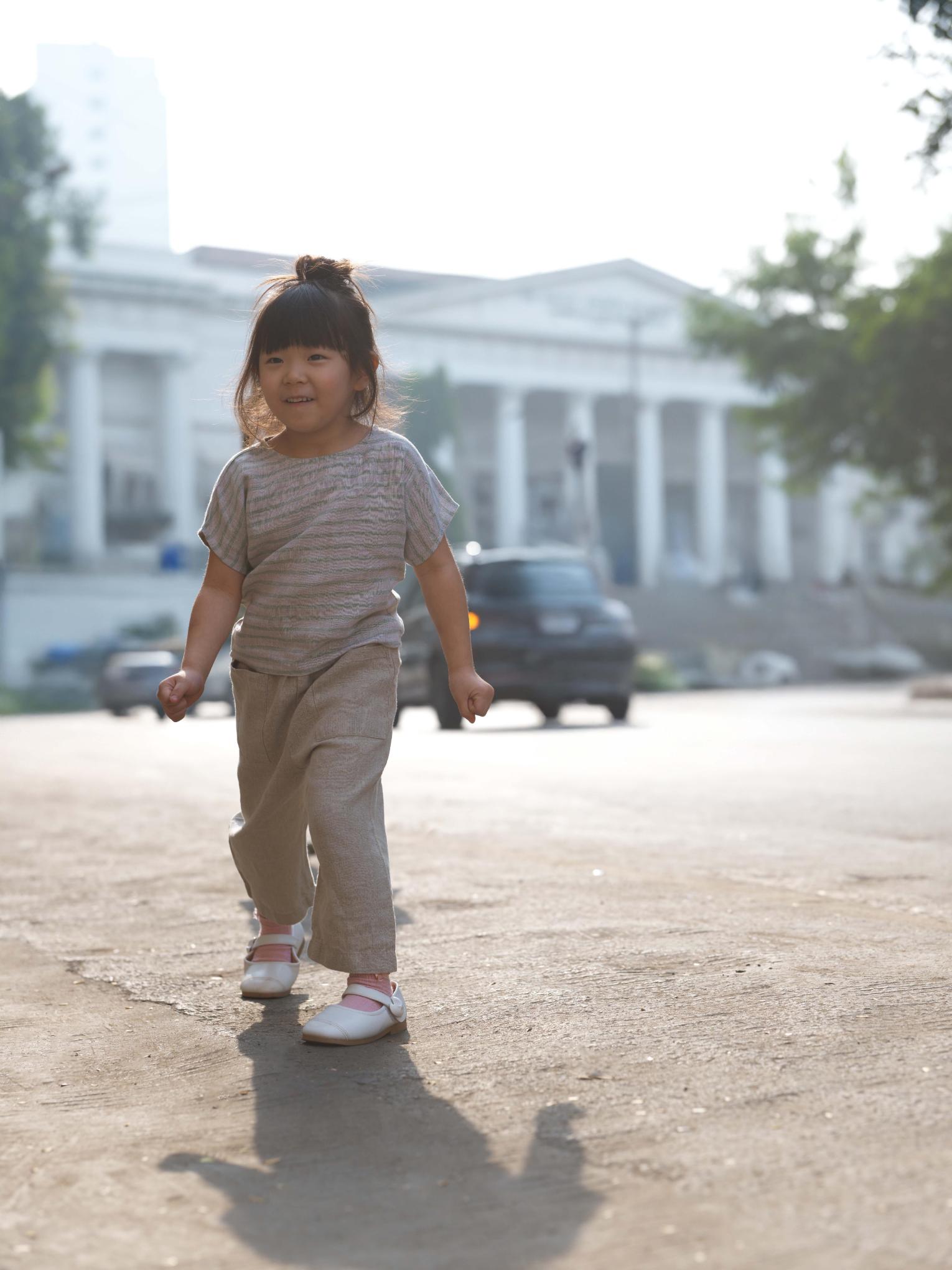 Girls Round Shoulder Top & Patch pocket Trousers Co-Ord set Sage Pencil Stripe / Natural swaps