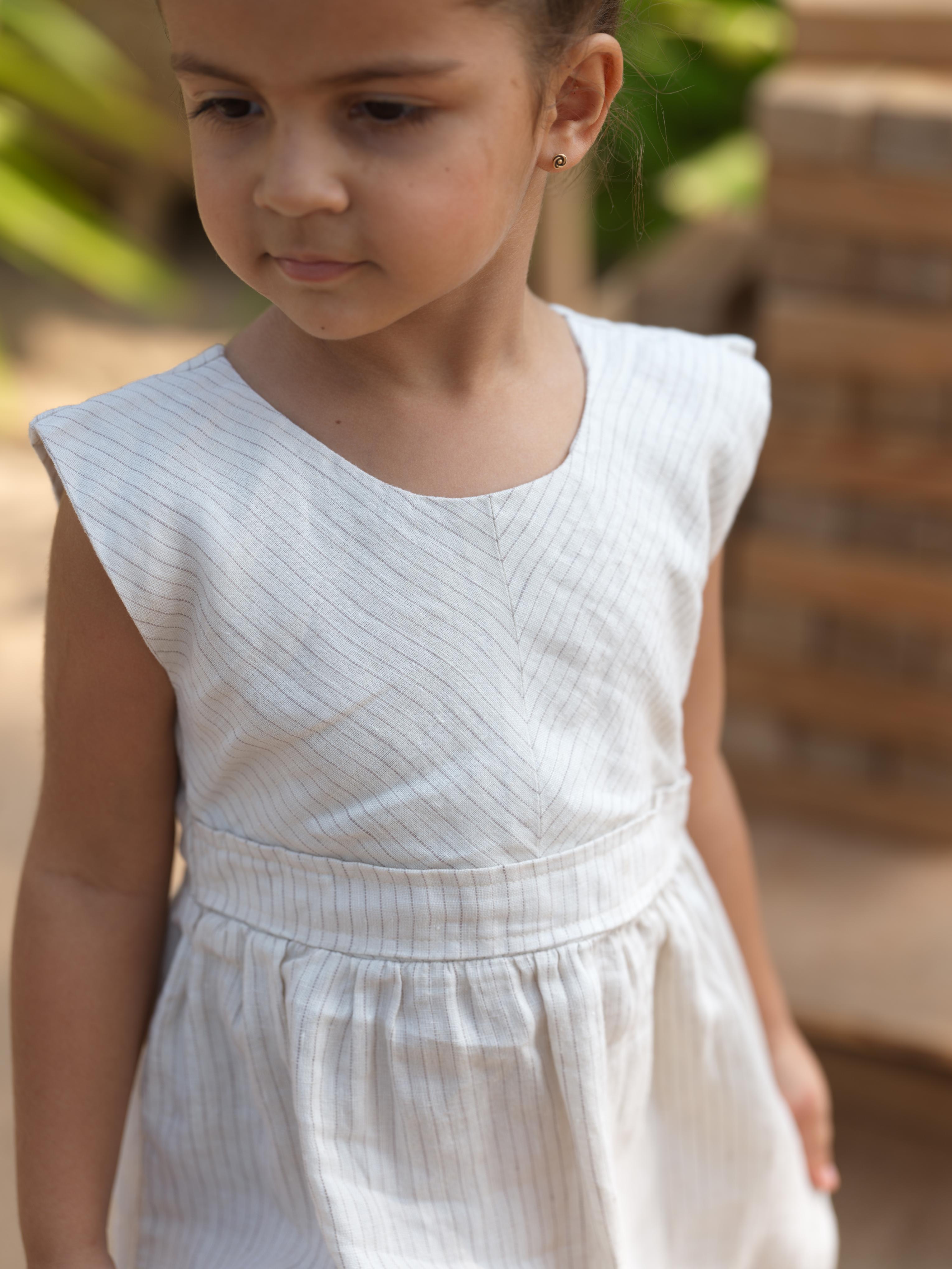 Girls Round Neck Back Opening Dress Beige Lines