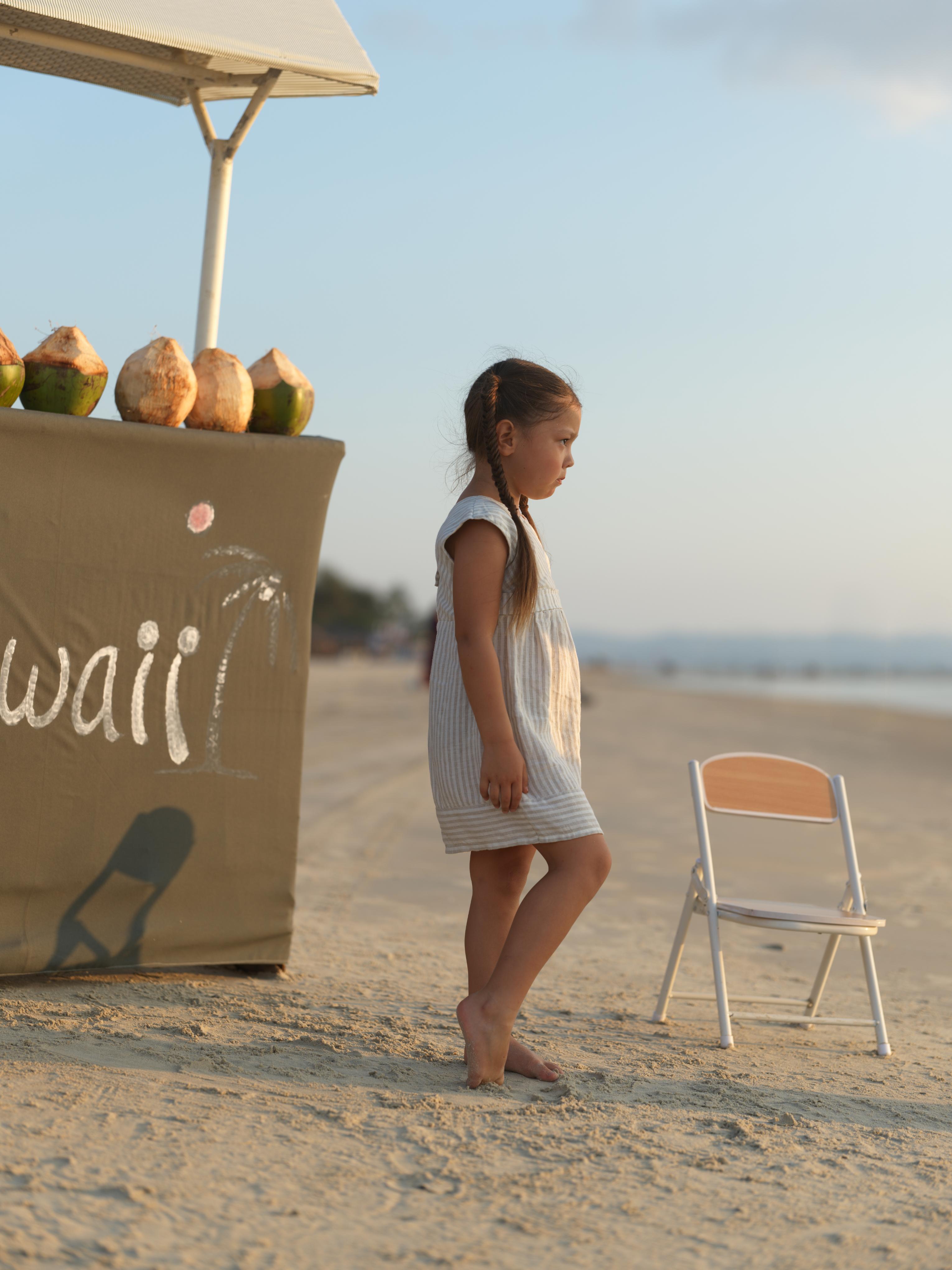 Girls Round Neck Back Opening DressBeige Stripes