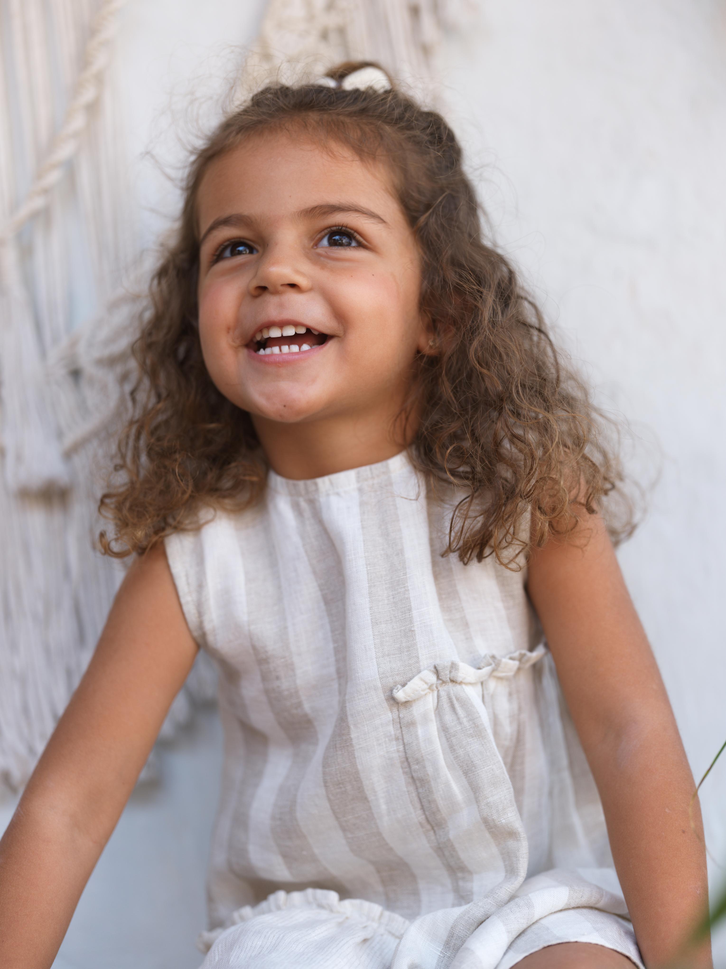 Girls Sleeveless Gathered Dress Beige Cabana Stripe / Beige Hairline Stripe