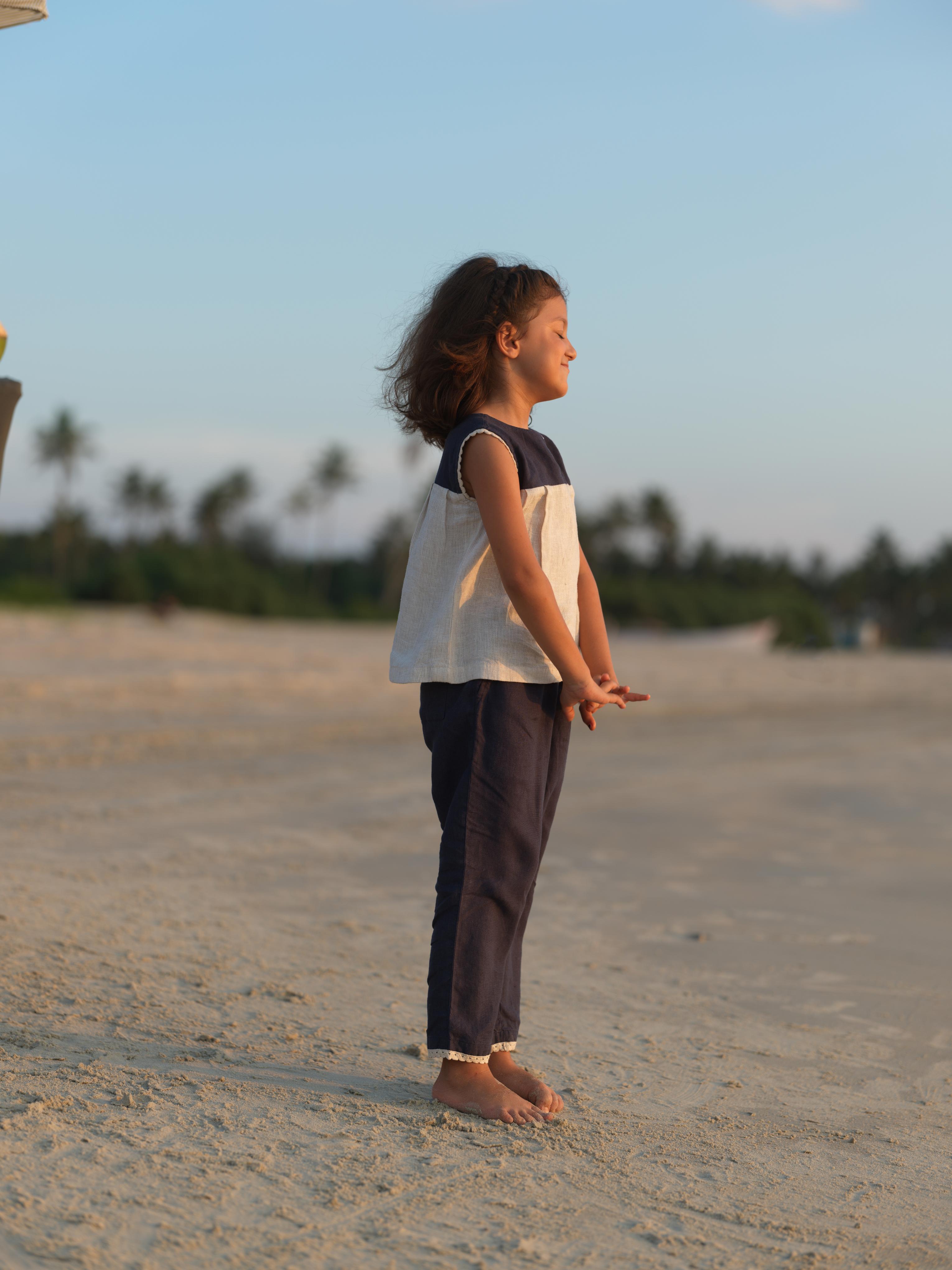 Girls Sleeveless Front Keyhole Top & Trousers Navy Blue / Fade Fine Stripe