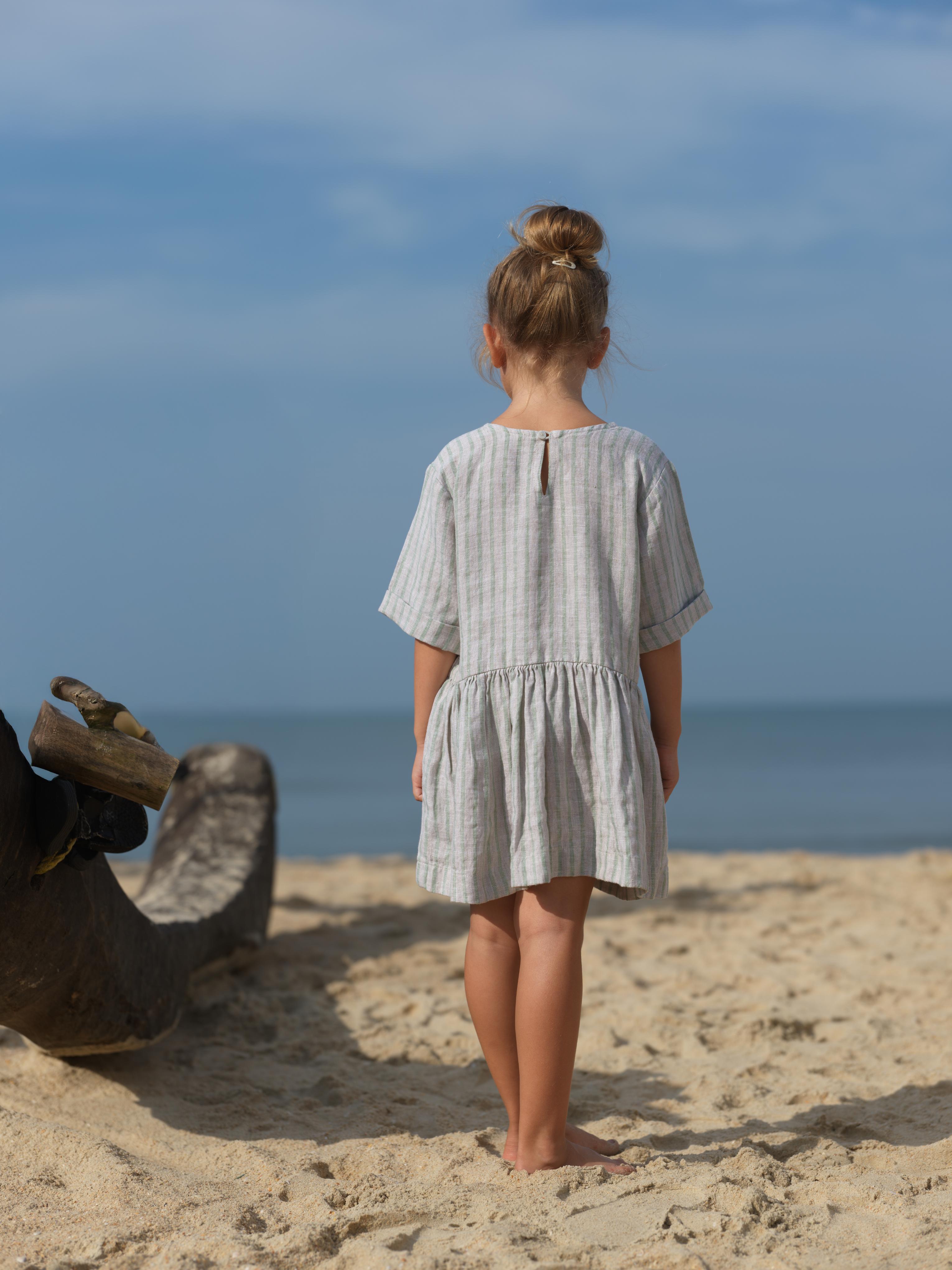 Girl Patch Pocket Drop Shoulder Dress Sage Pencil Stripe