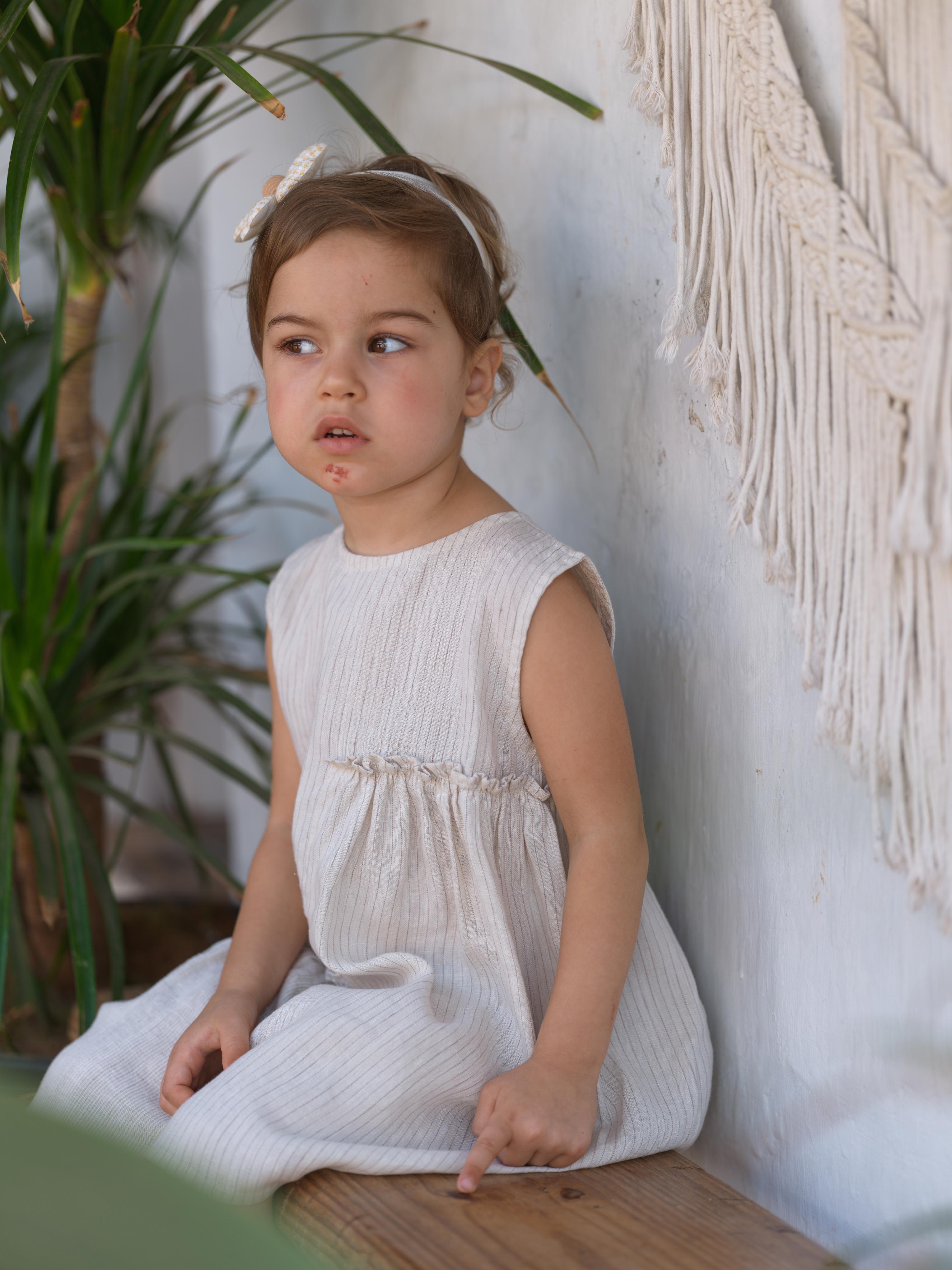 Girls Sleeveless Gathered Dress Beige Lines / Fade Fine Stripe