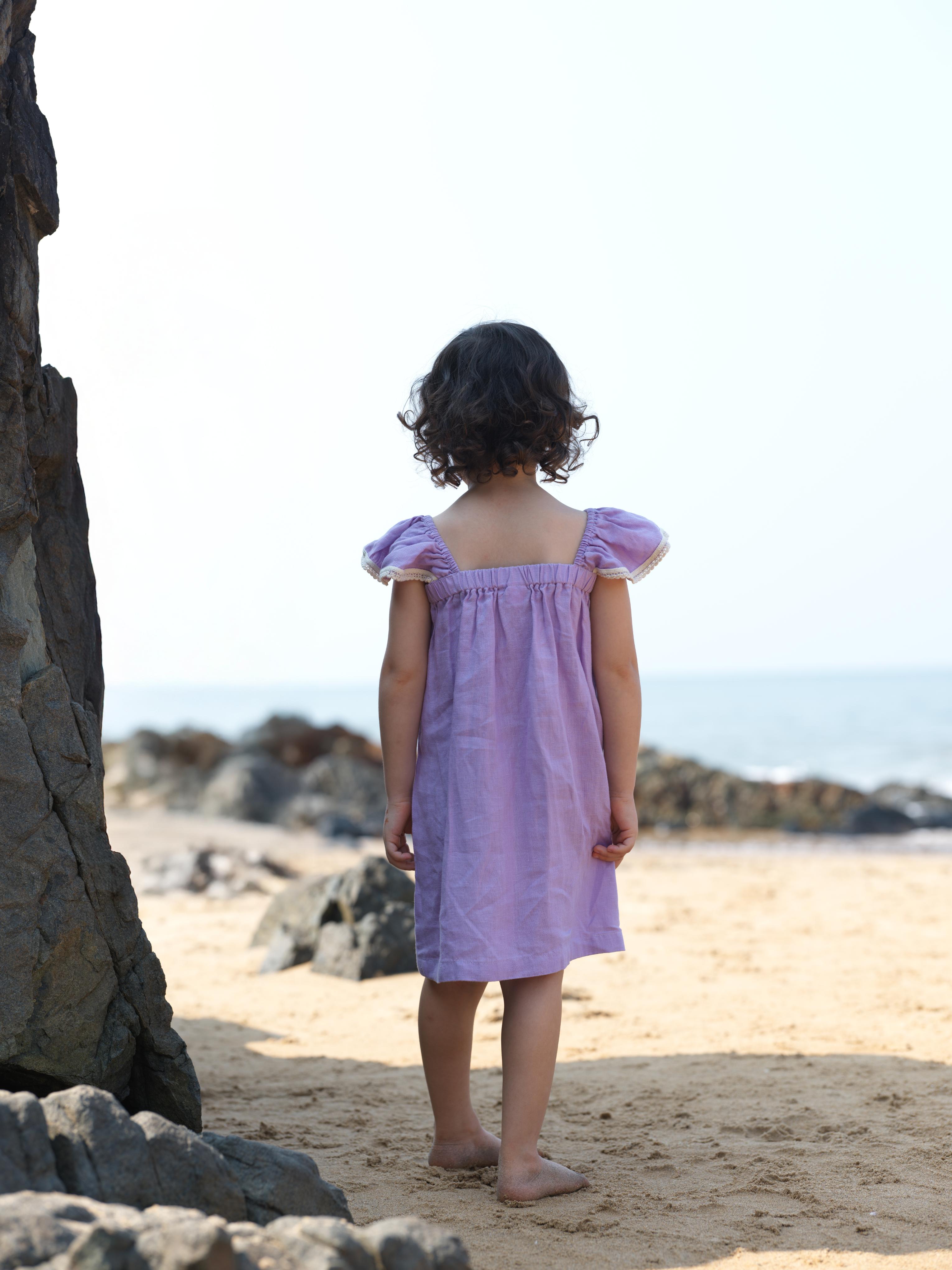 Girls Elasticated Flared Sleeve Dress Lavender