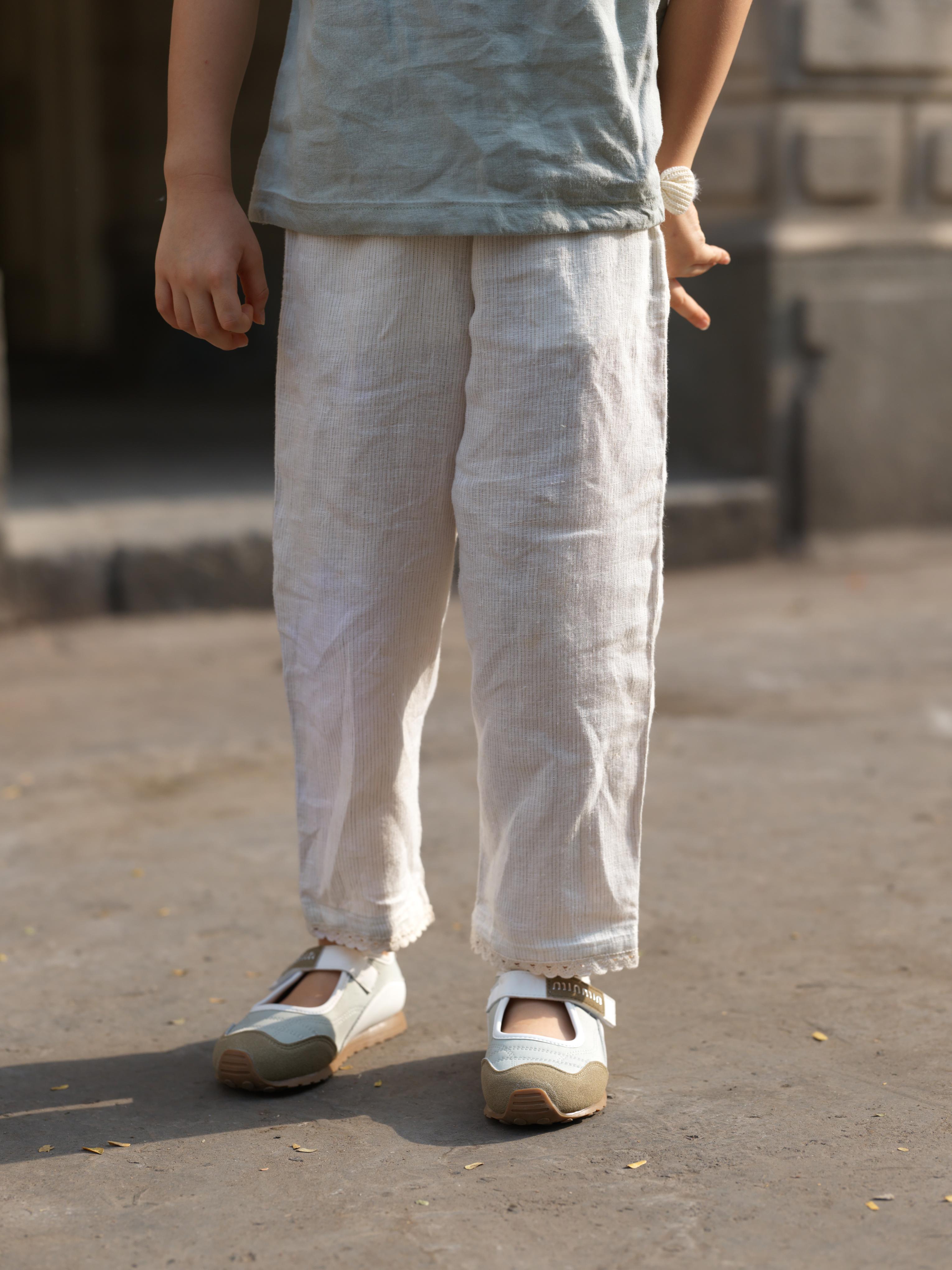 Girls Sleeveless Front Keyhole Top & Trousers Beige Hairline Stripe / Mint Green