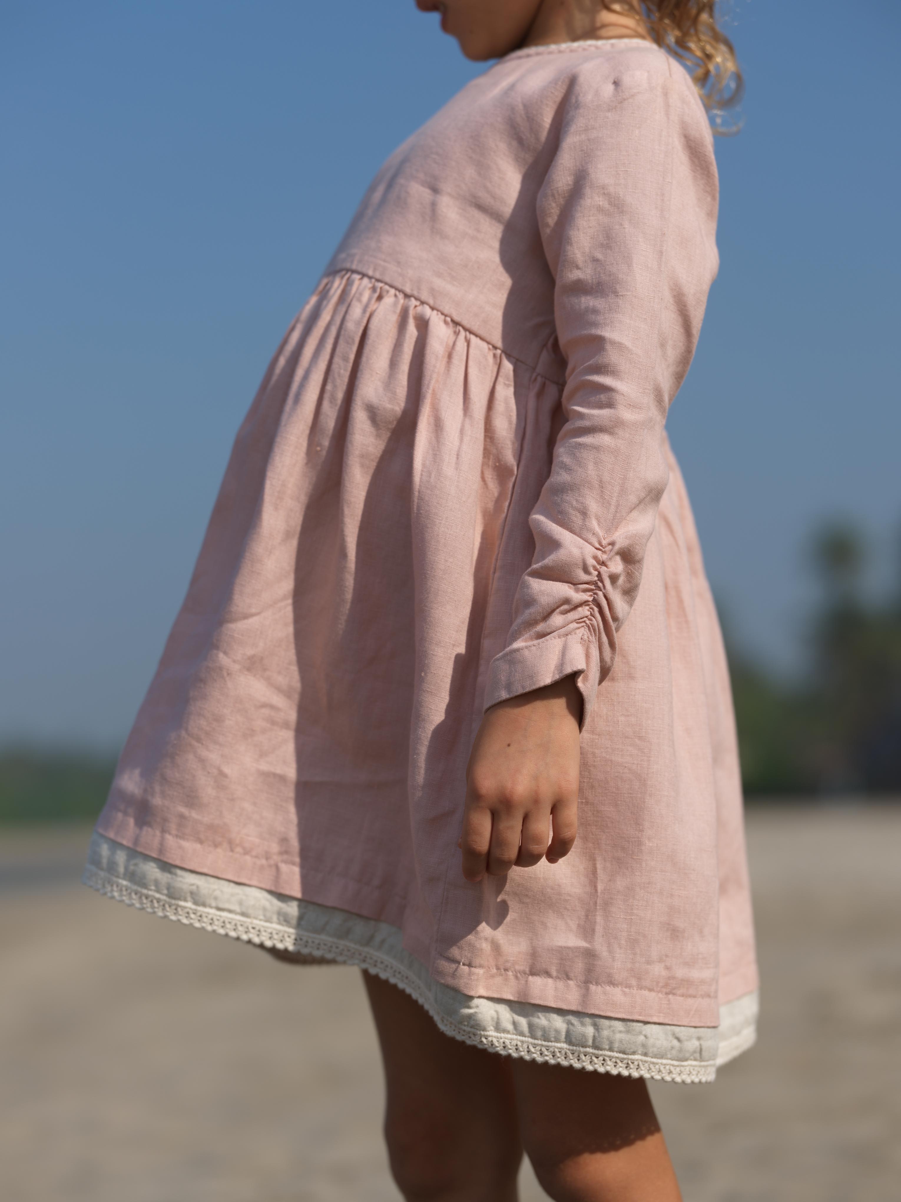 Girl Elastic Long Sleeve Dress Flamingo