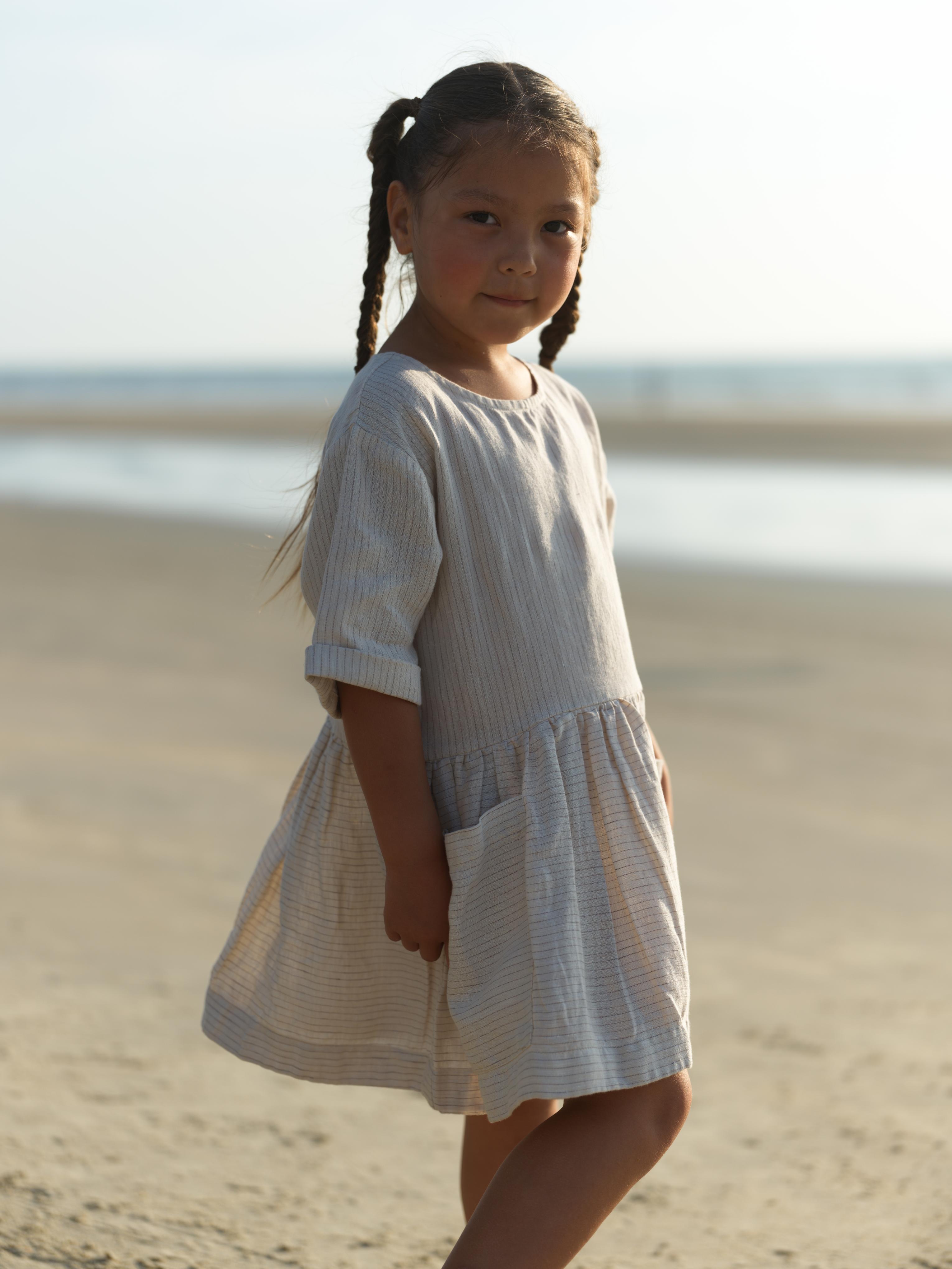 Girl Patch Pocket Drop Shoulder Dress Beige Lines