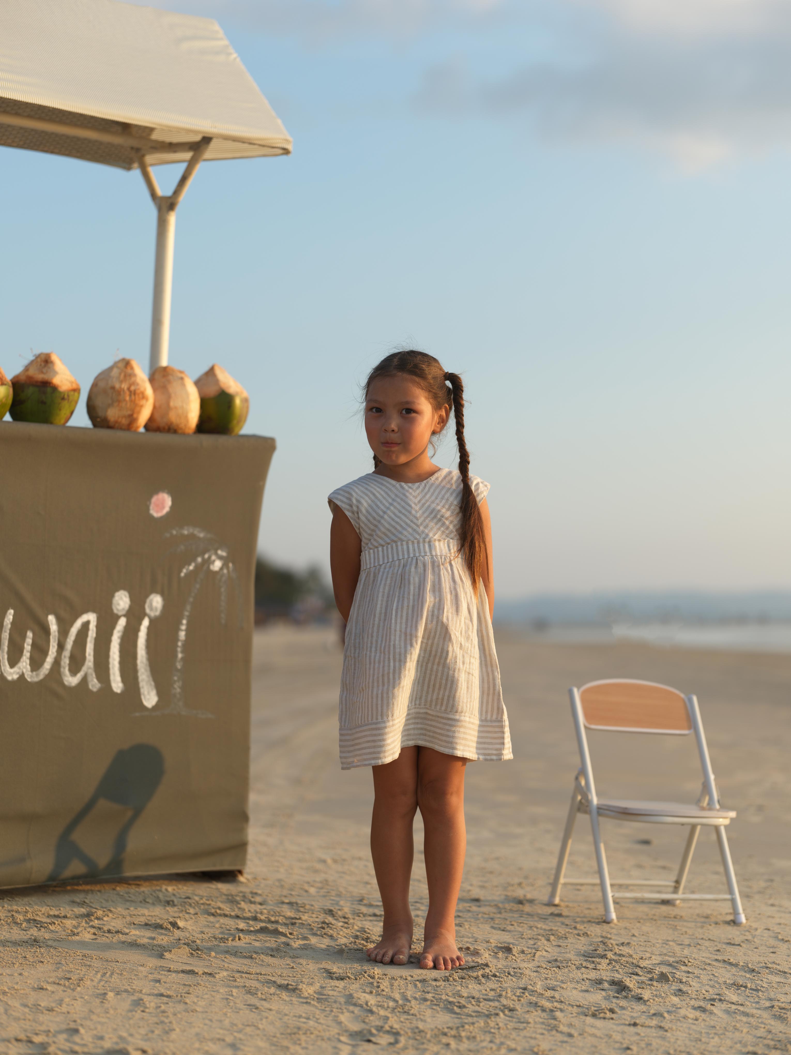 Girls Round Neck Back Opening DressBeige Stripes