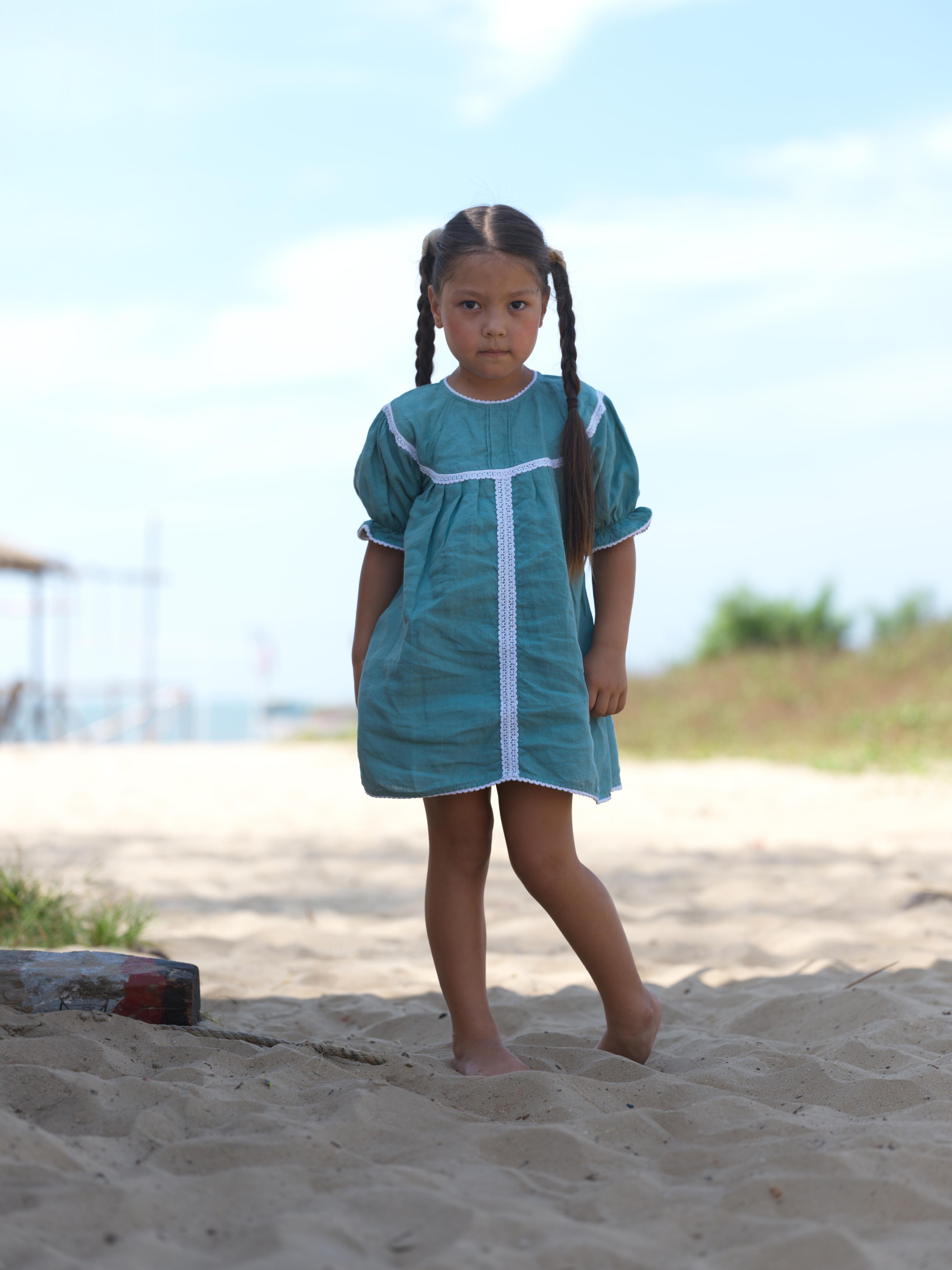 Girls Puff Sleeve Vintage Dress Pine Green