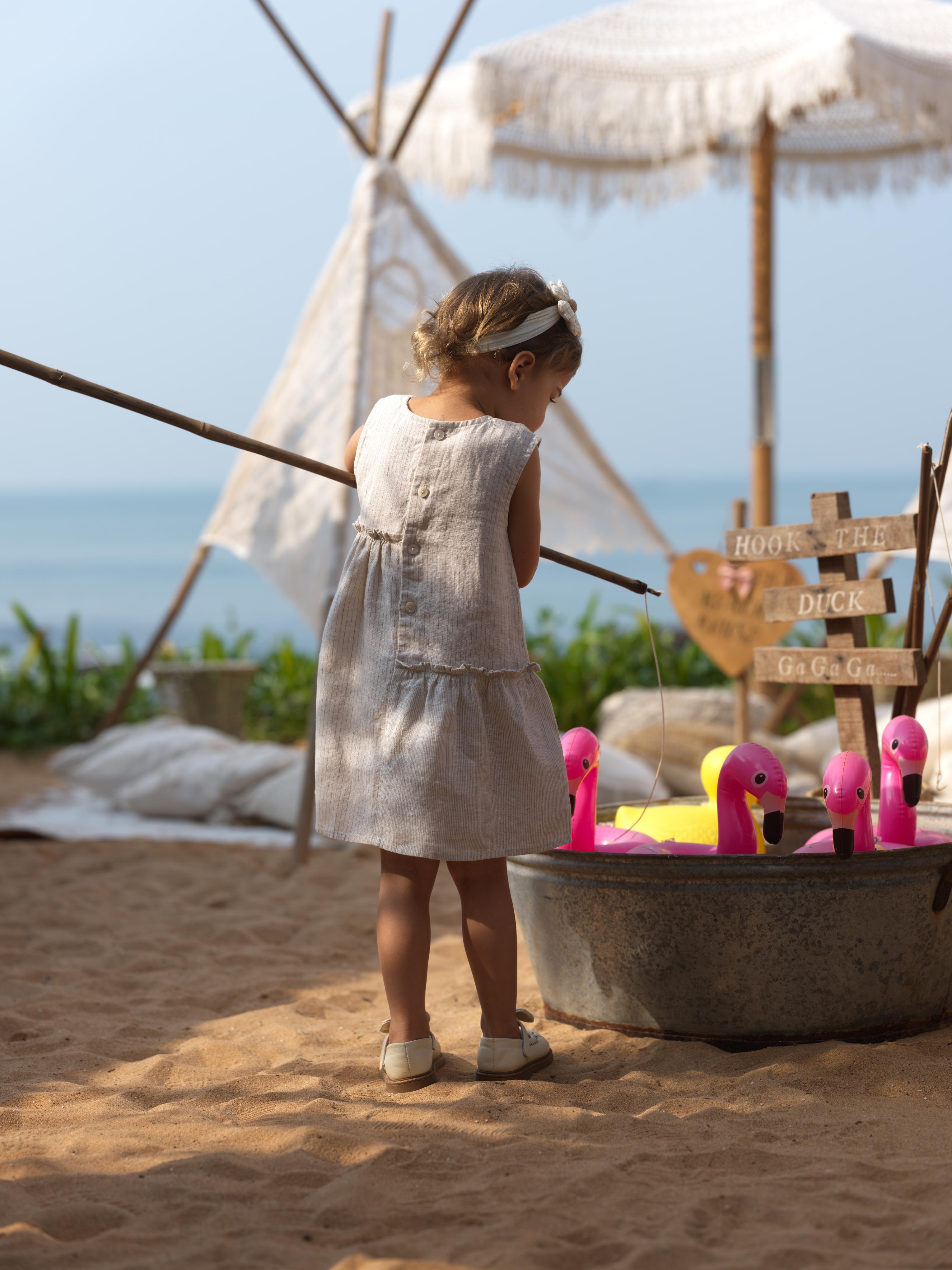 Girls Sleeveless Gathered Dress Beige Lines / Fade Fine Stripe