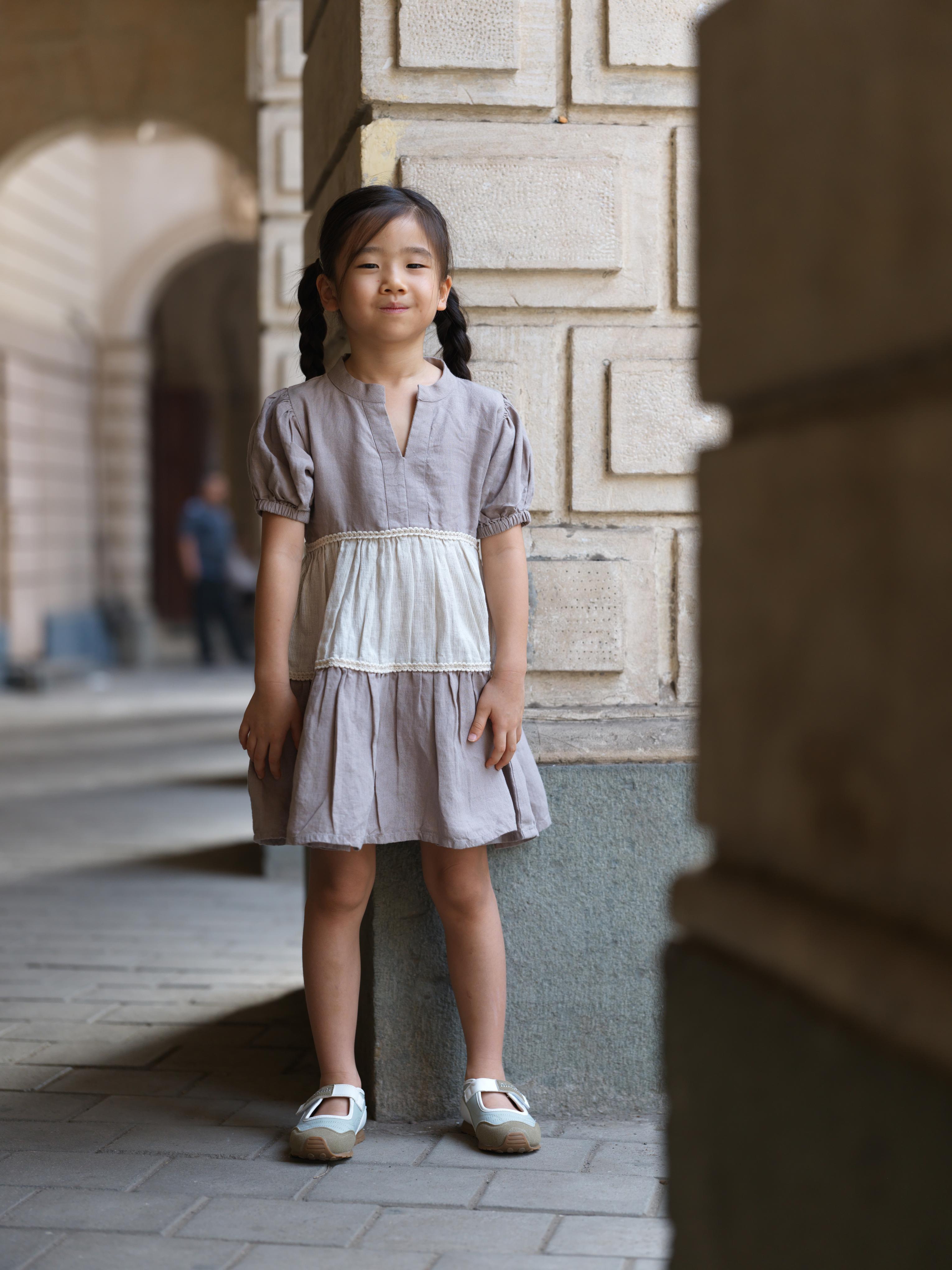 Girls 3 Tier V-Neck Dress Fade Fine Stripe / Almond Beige