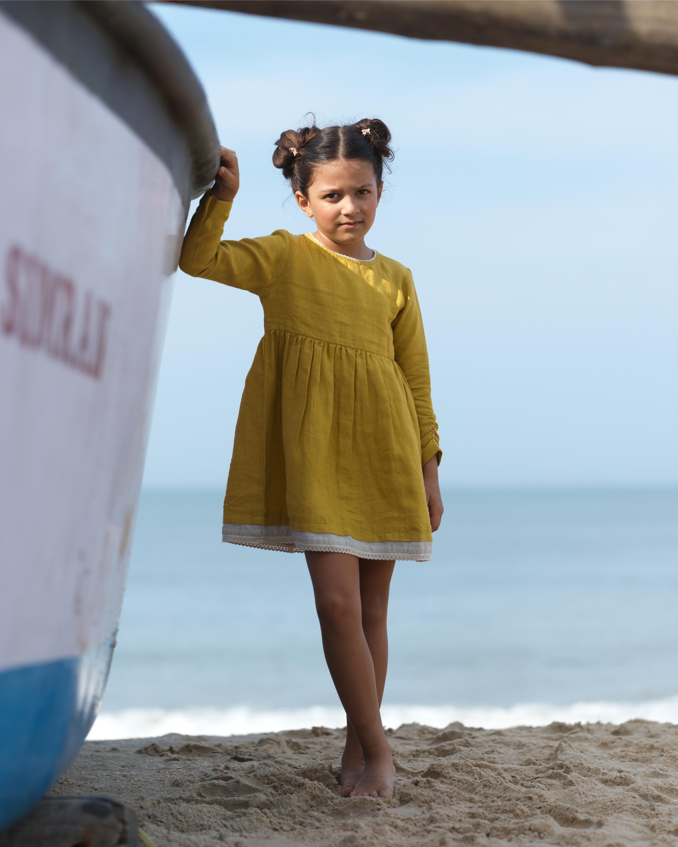 Girl Elastic Long Sleeve Dress Mustard