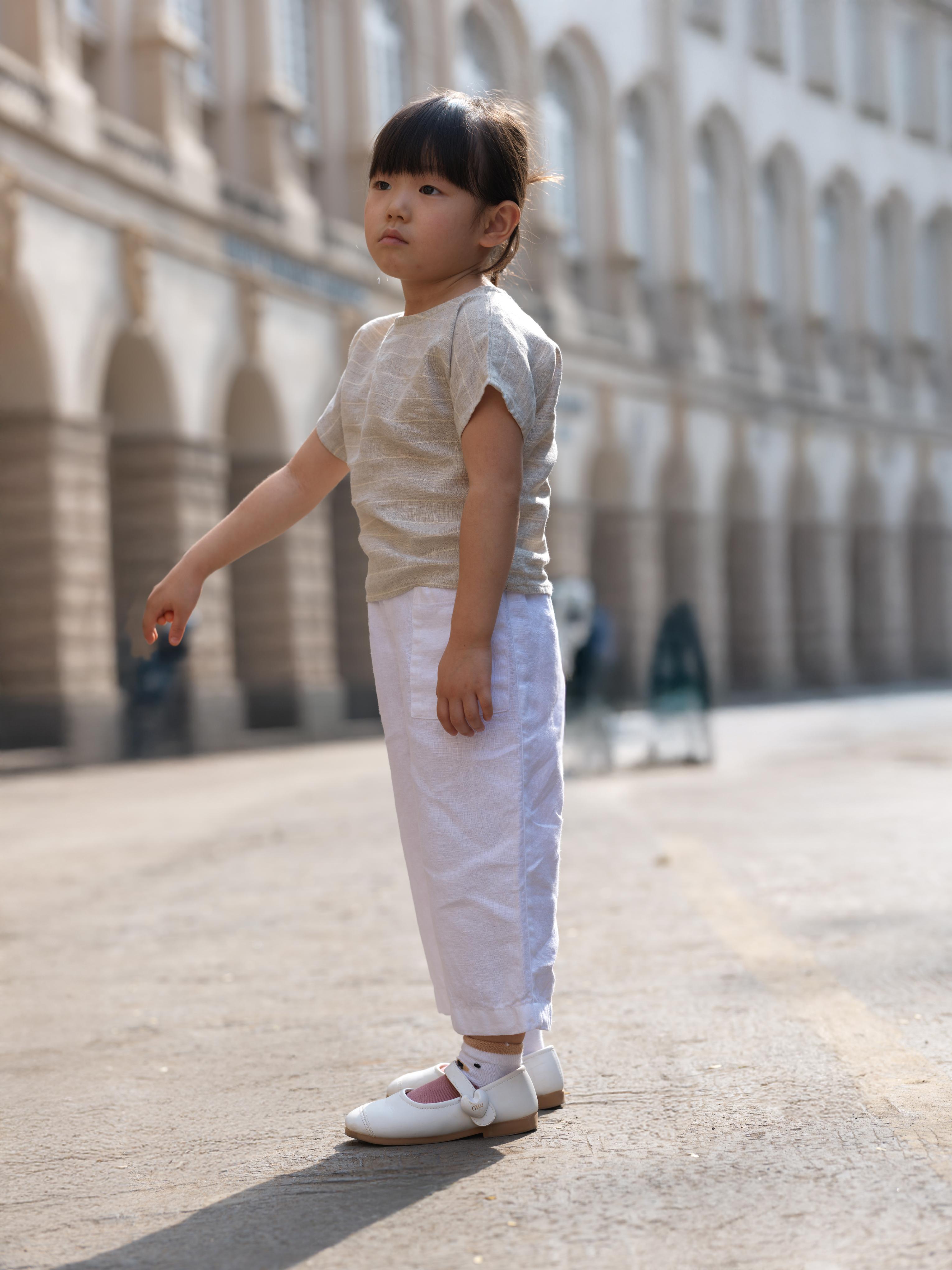 Girls Round Shoulder Top & Patch pocket Trousers Co-Ord set Lurex Stripe / White