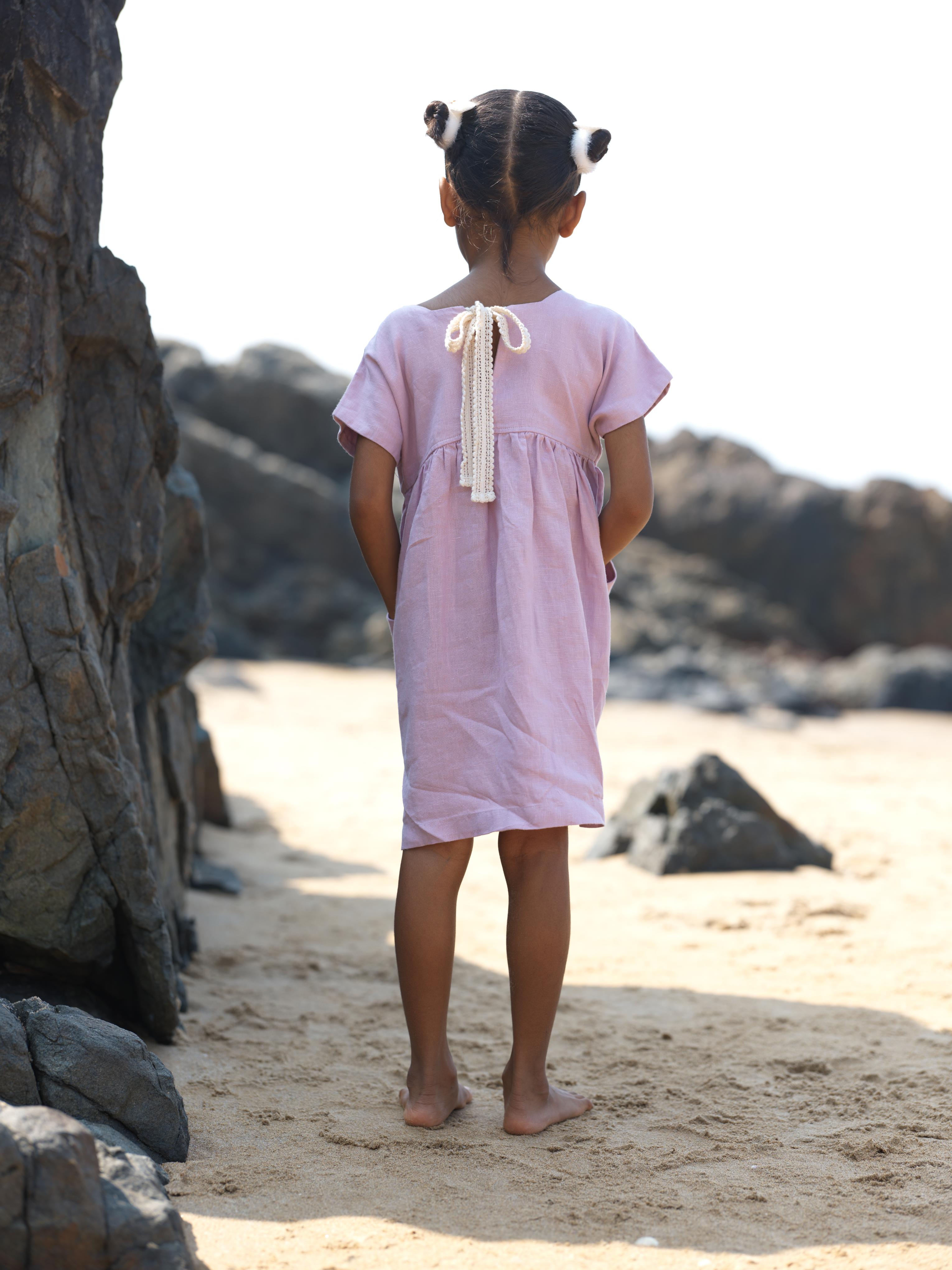 Girls Patch Pocket Tie-Back Dress Cameo Pink