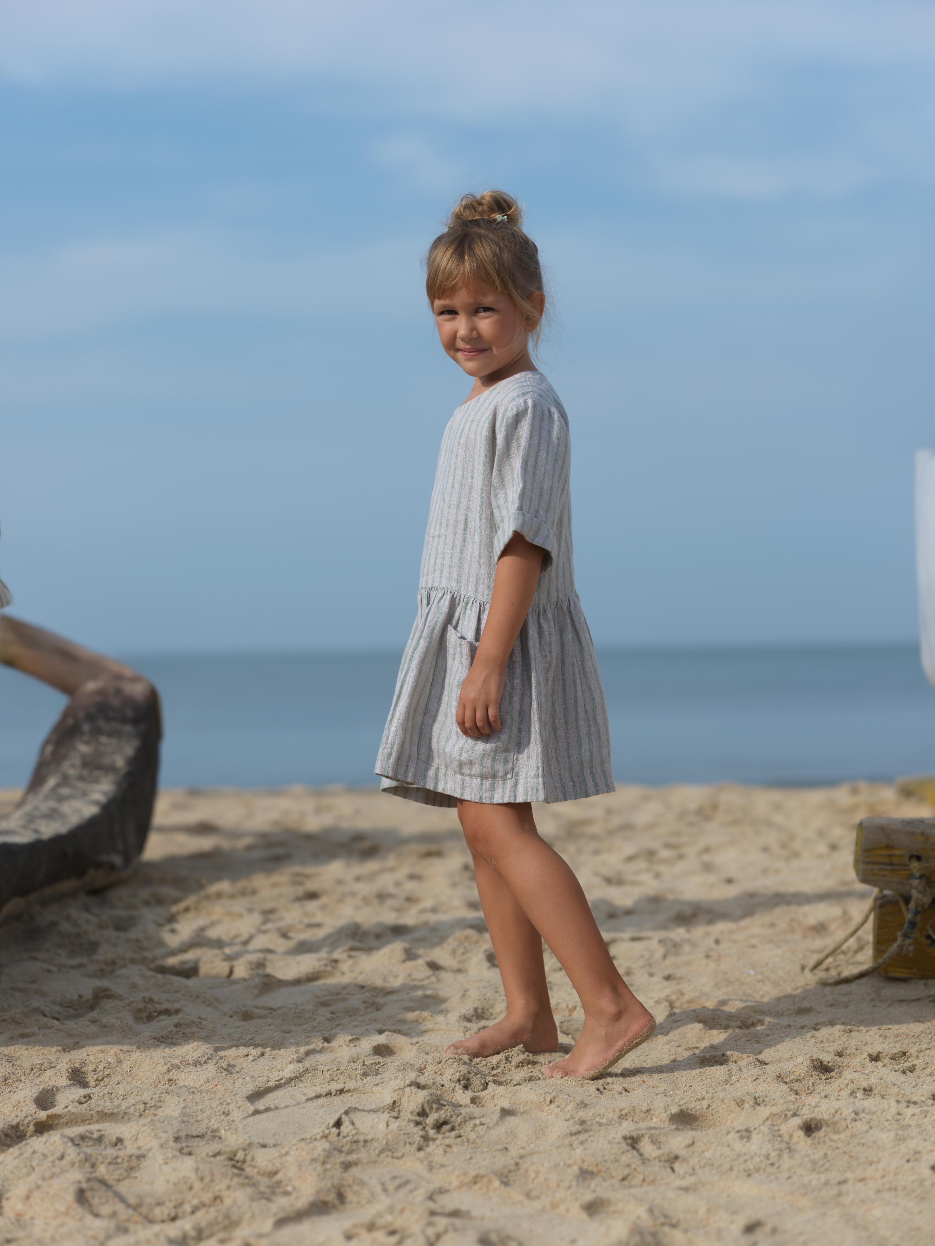 Girl Patch Pocket Drop Shoulder Dress Sage Pencil Stripe