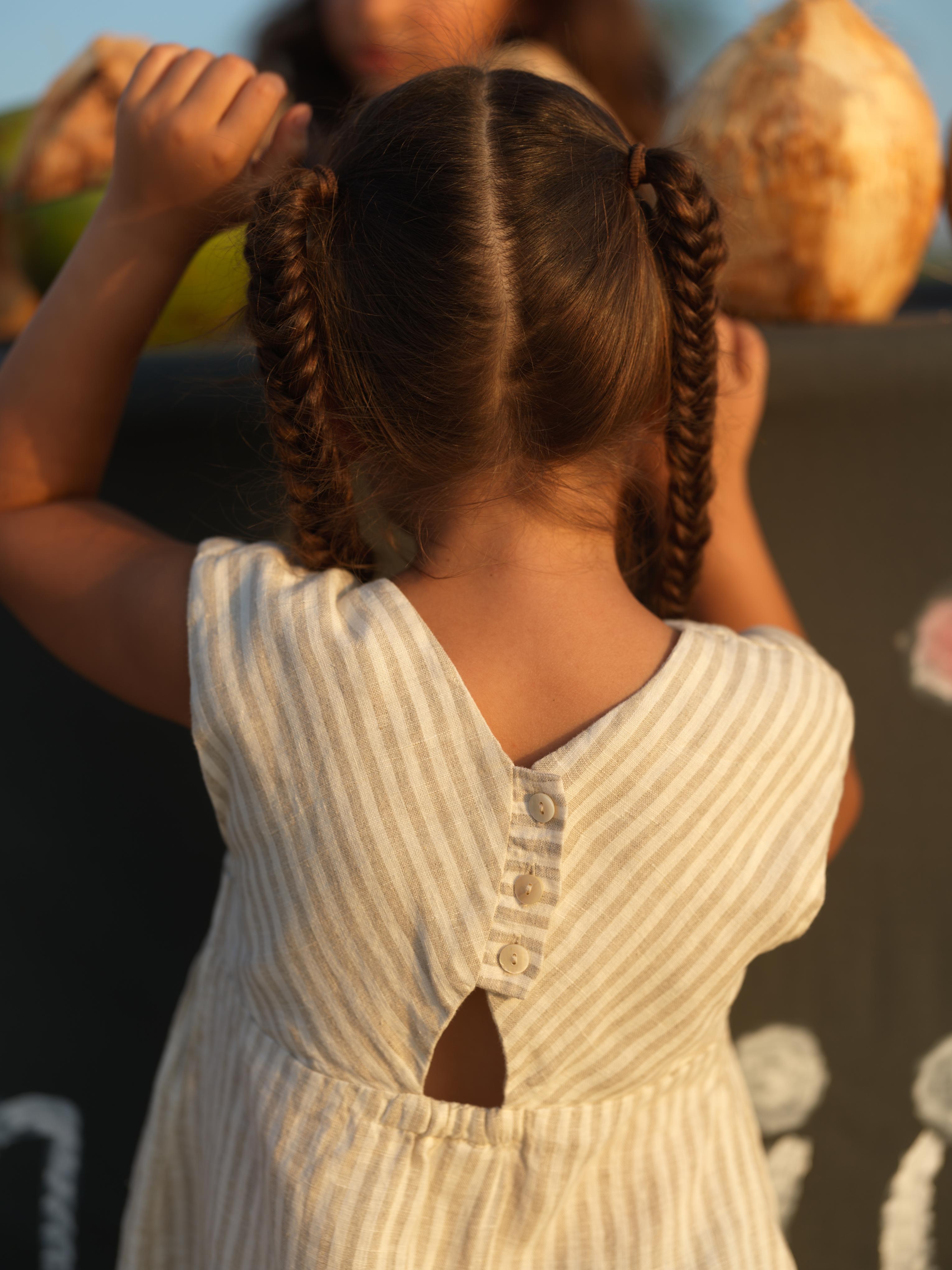 Girls Round Neck Back Opening DressBeige Stripes