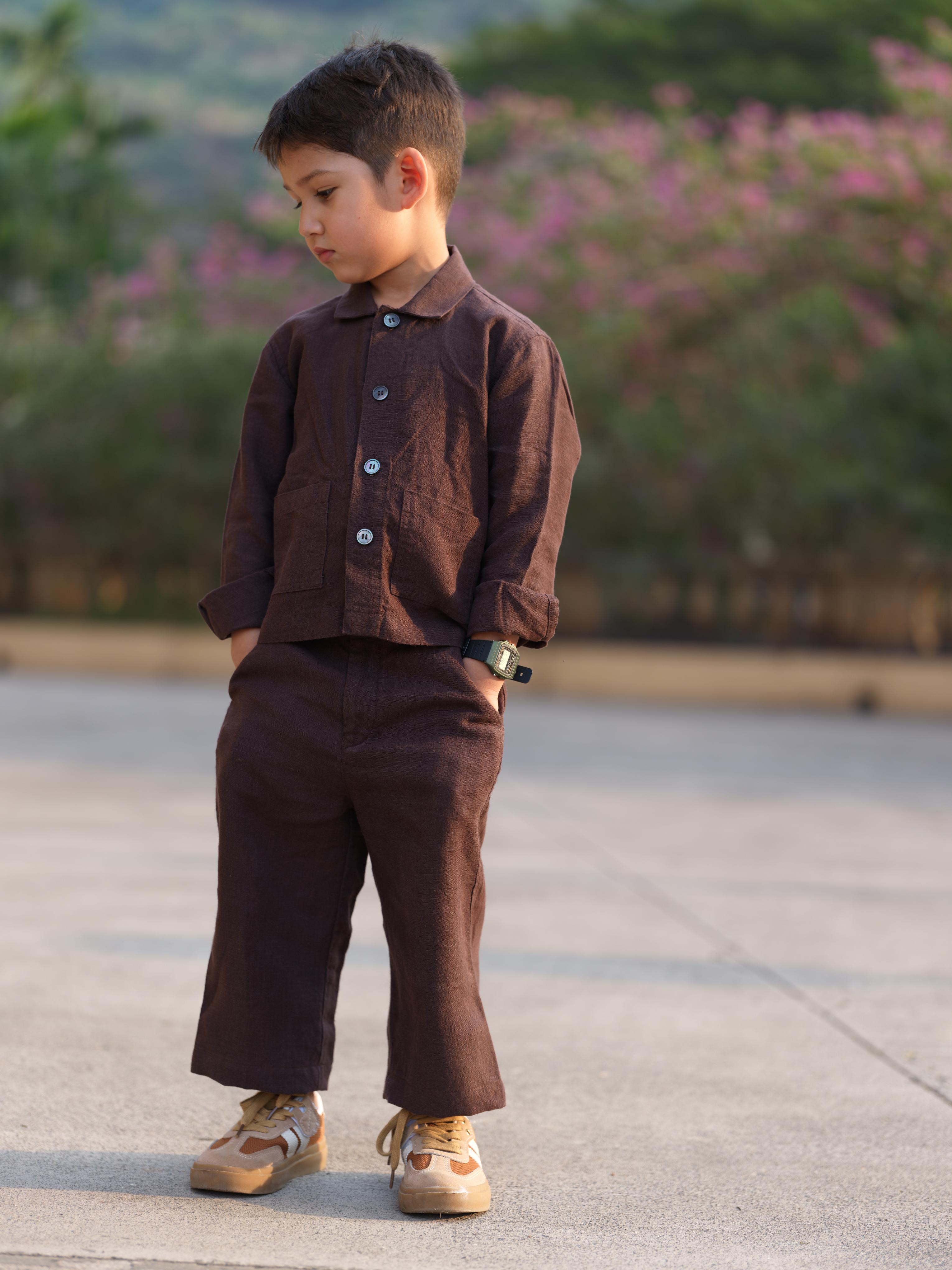 Boys Shacket Co-Ord Set Dark Brown