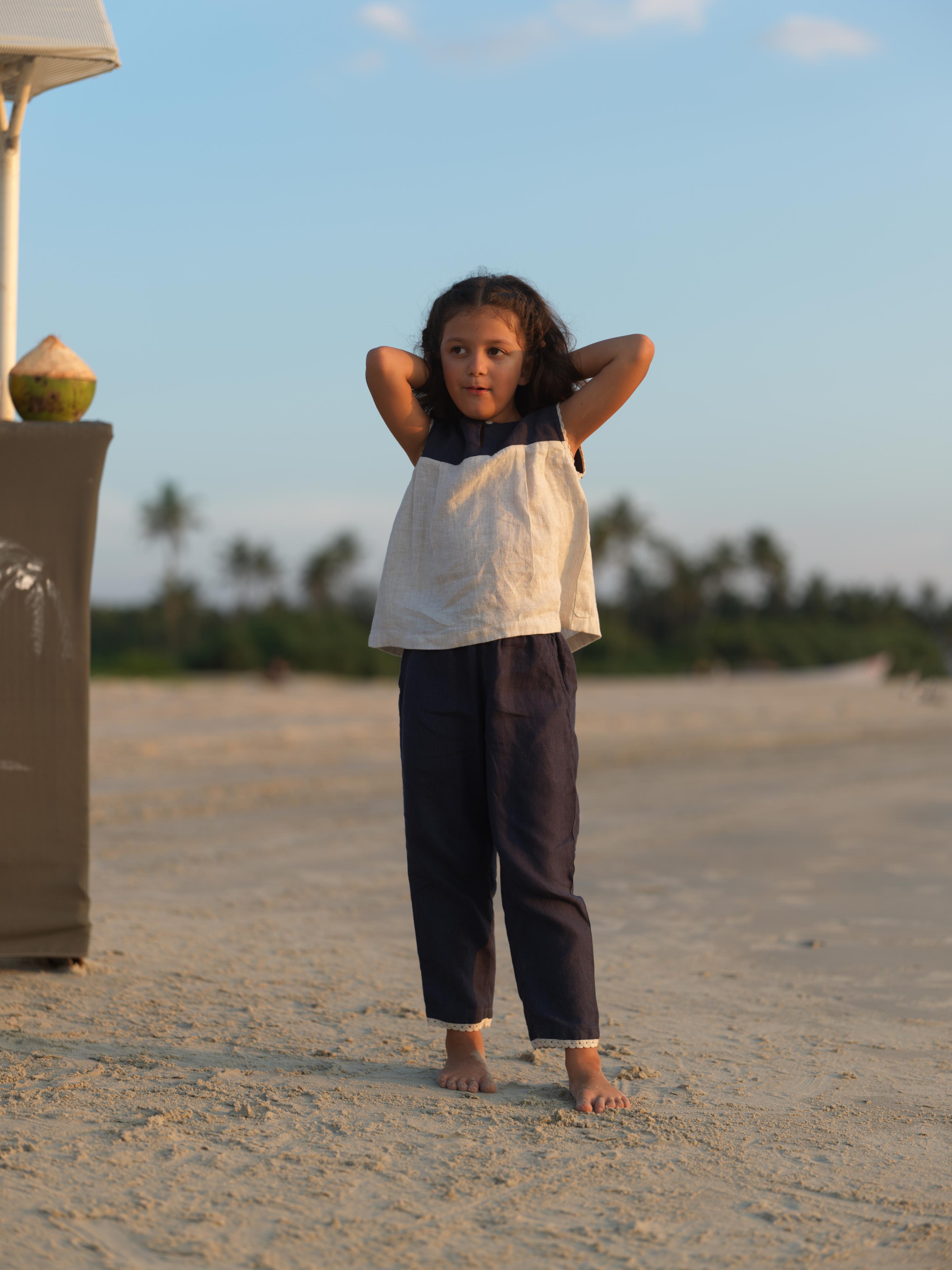 Girls Sleeveless Front Keyhole Top & Trousers Navy Blue / Fade Fine Stripe