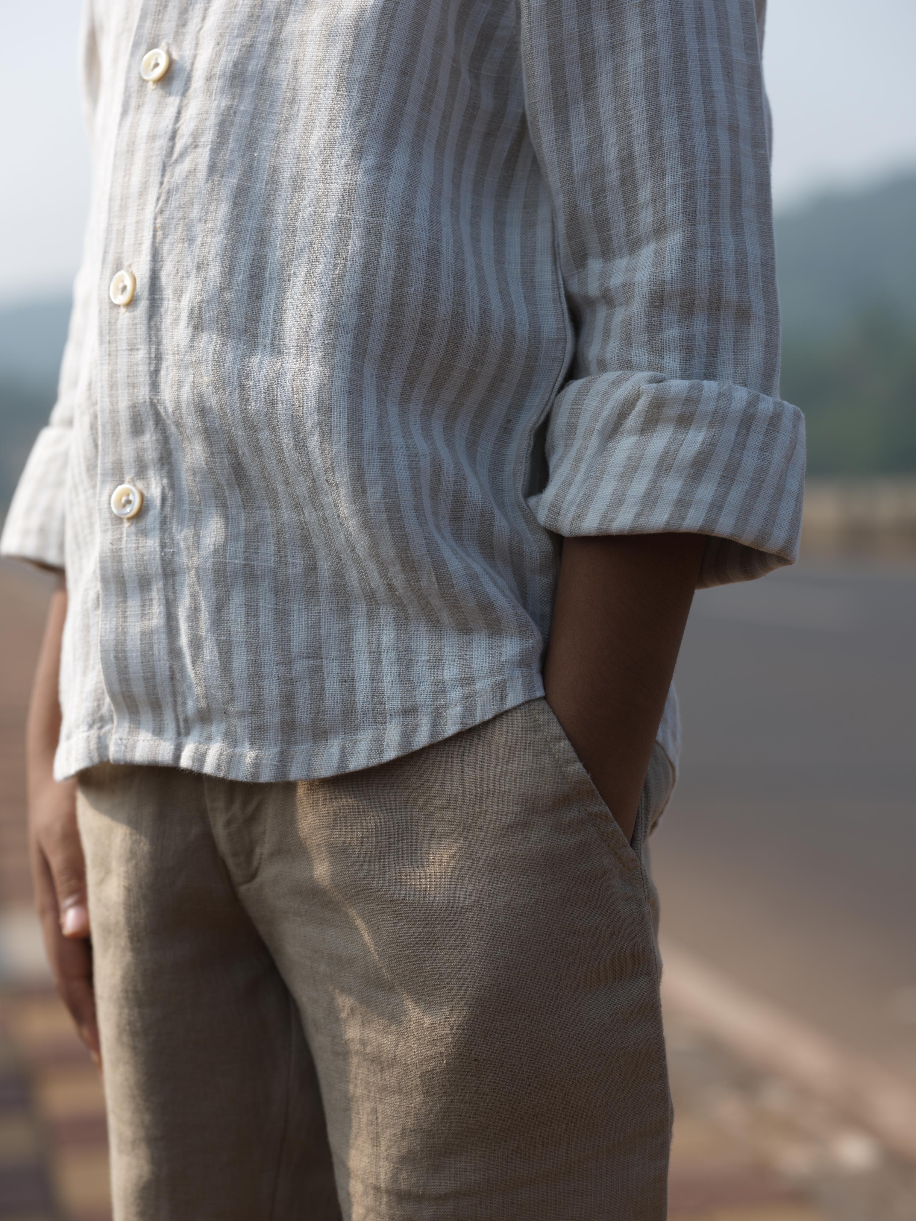 Boys Regular Collar Shirt Beige Stripe