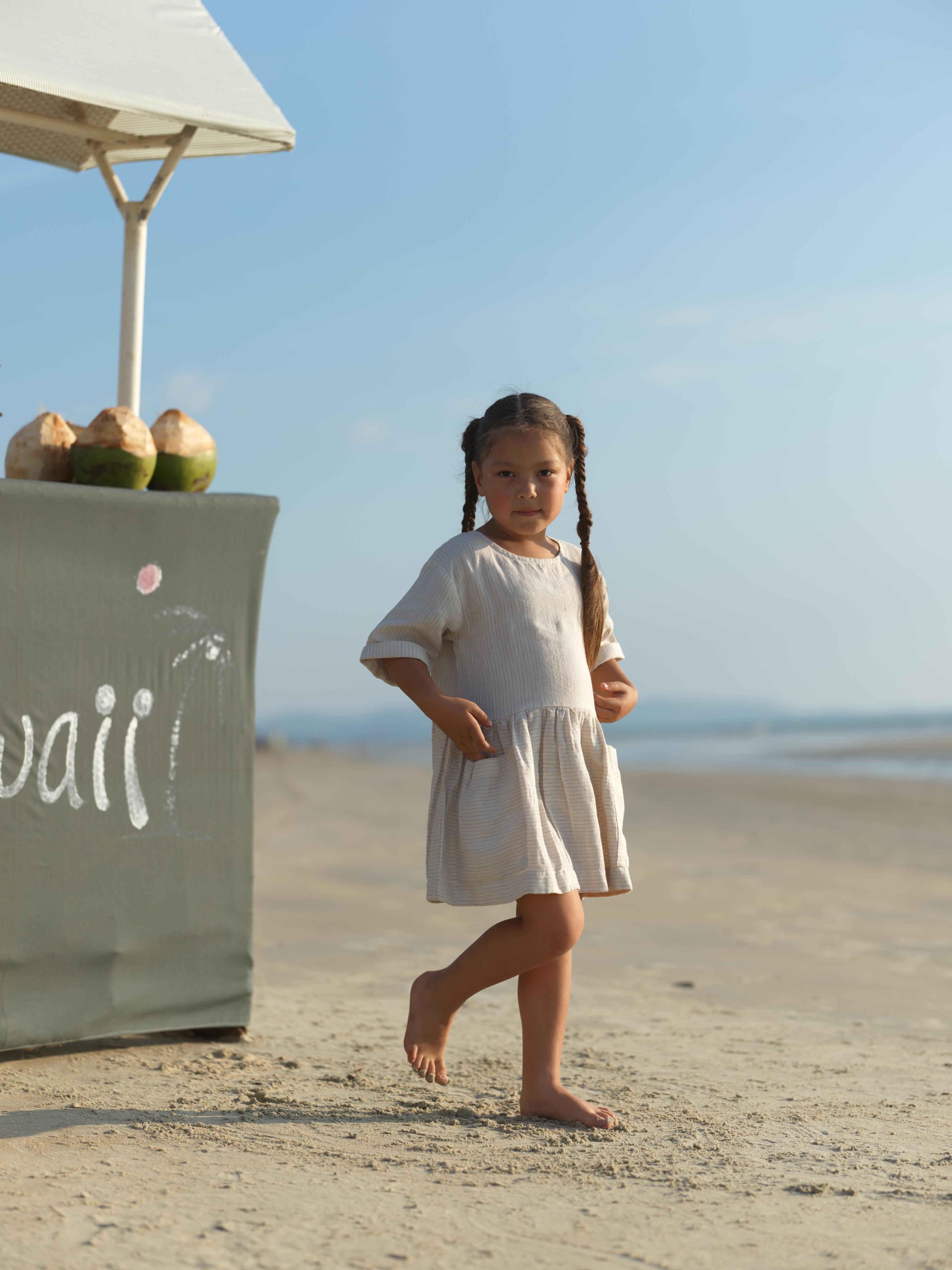 Girl Patch Pocket Drop Shoulder Dress Beige Lines