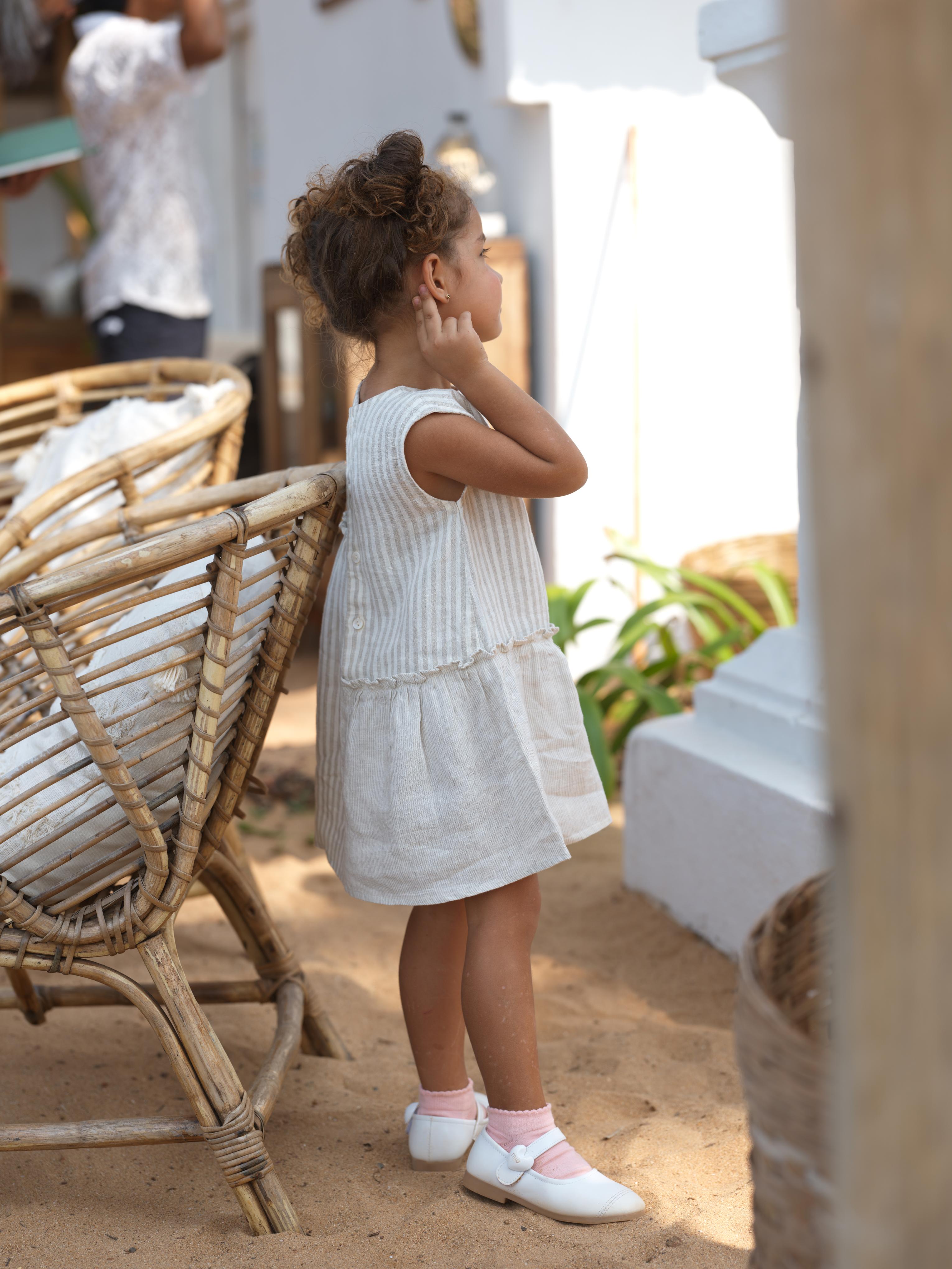 Girls Sleeveless Gathered Dress Beige Stripes / Fade Fine Stripe