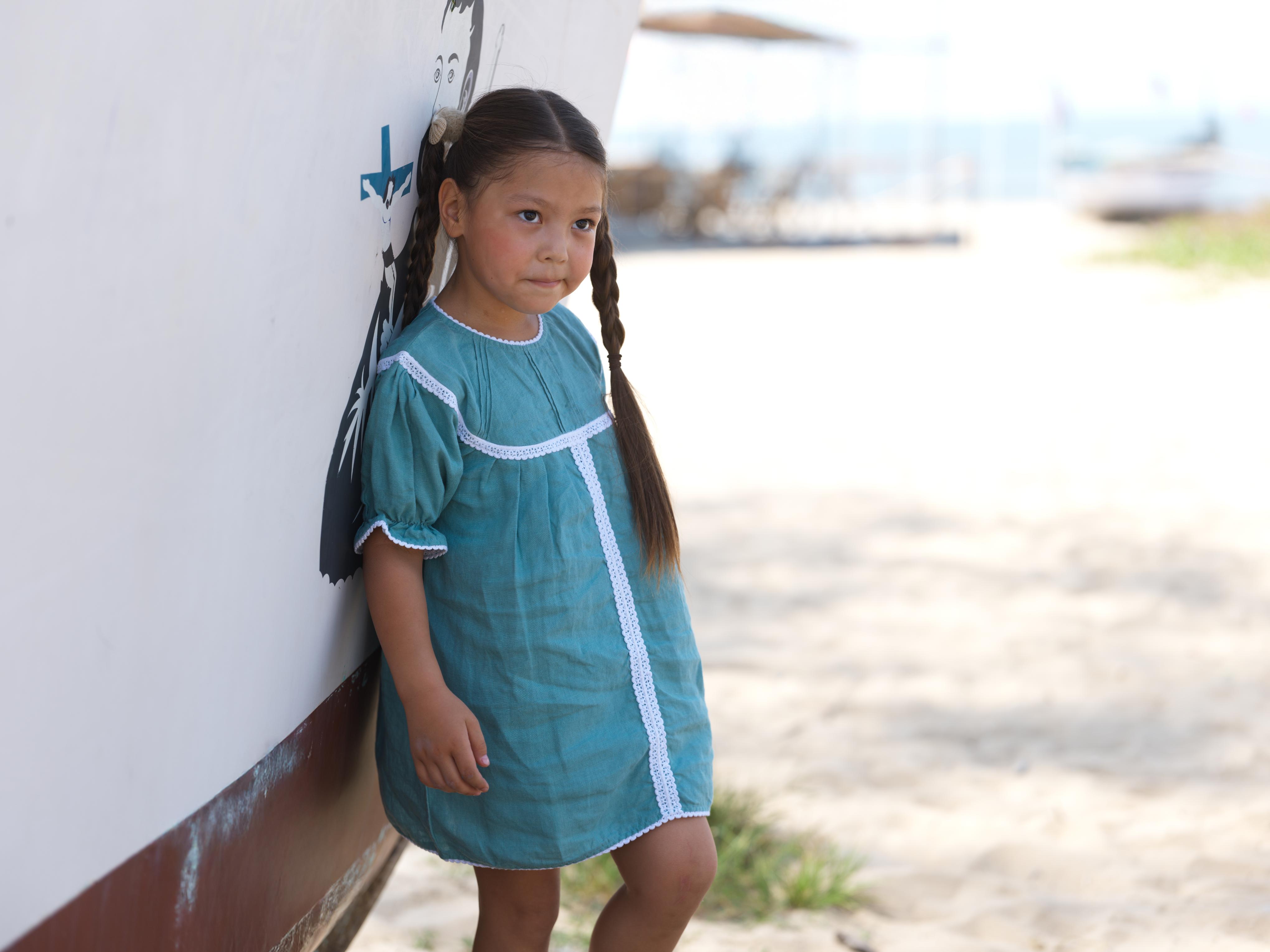 Girls Puff Sleeve Vintage Dress Pine Green