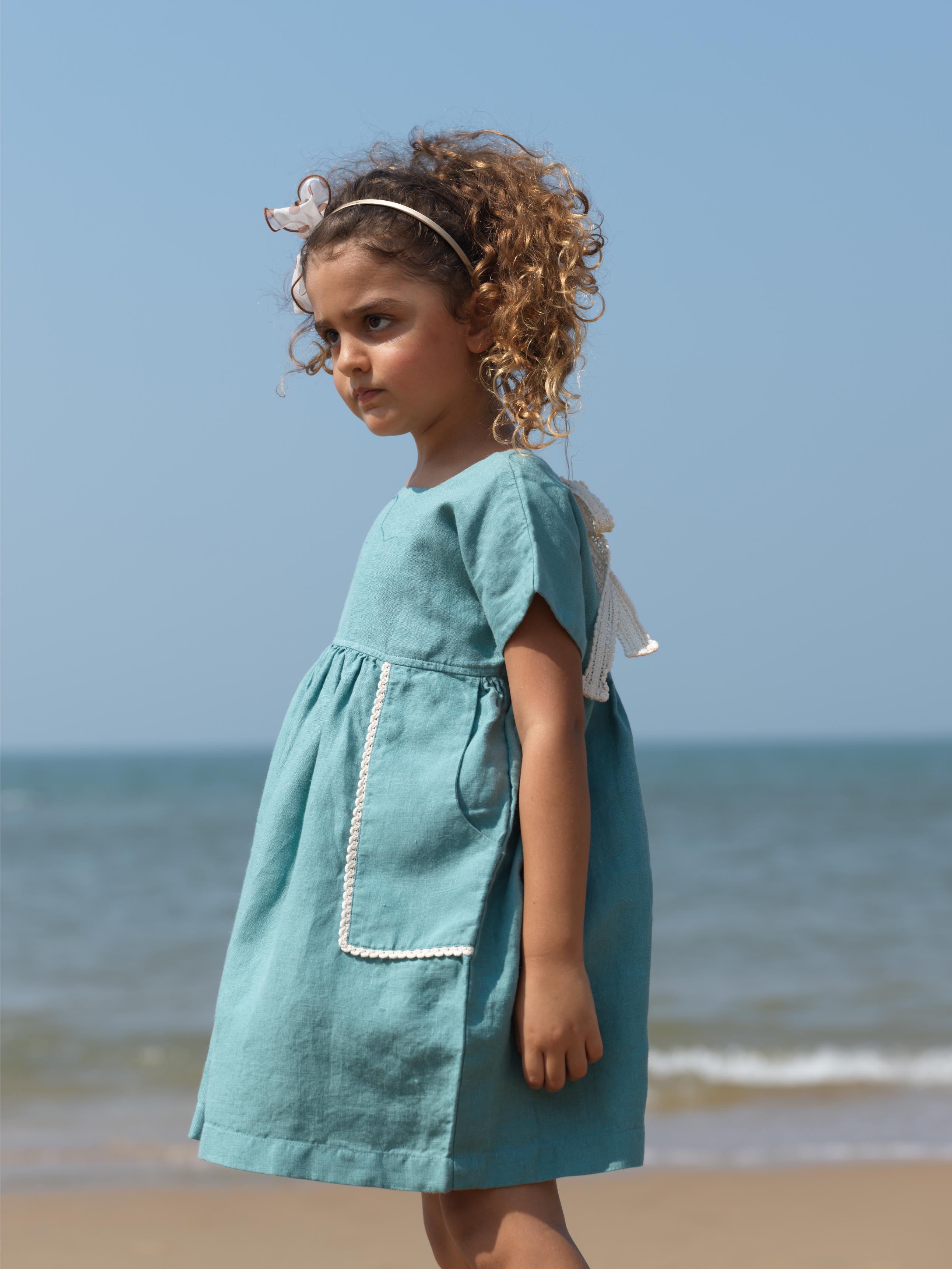 Girls Patch Pocket Tie-Back Dress Pine Green