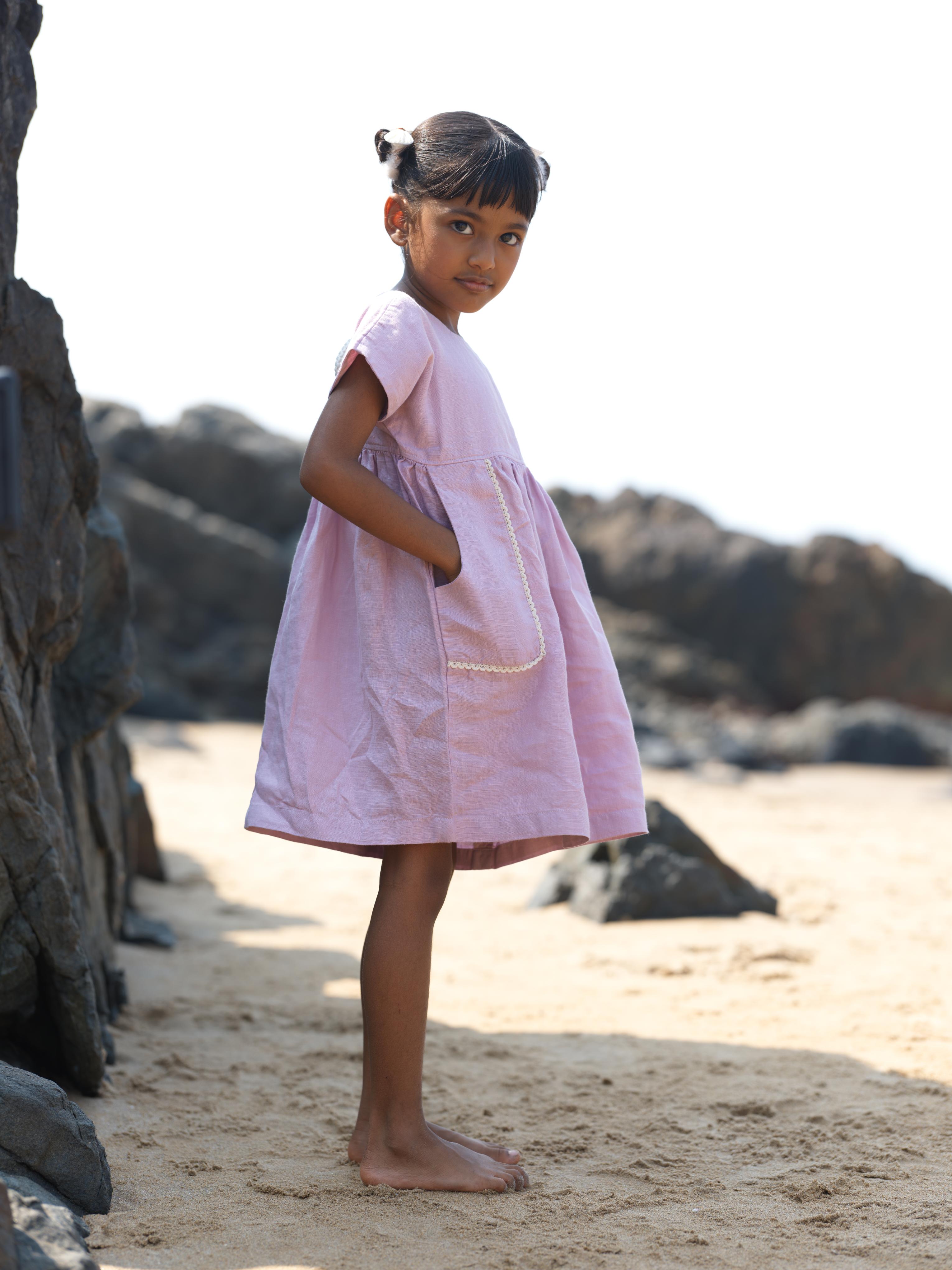 Girls Patch Pocket Tie-Back Dress Cameo Pink