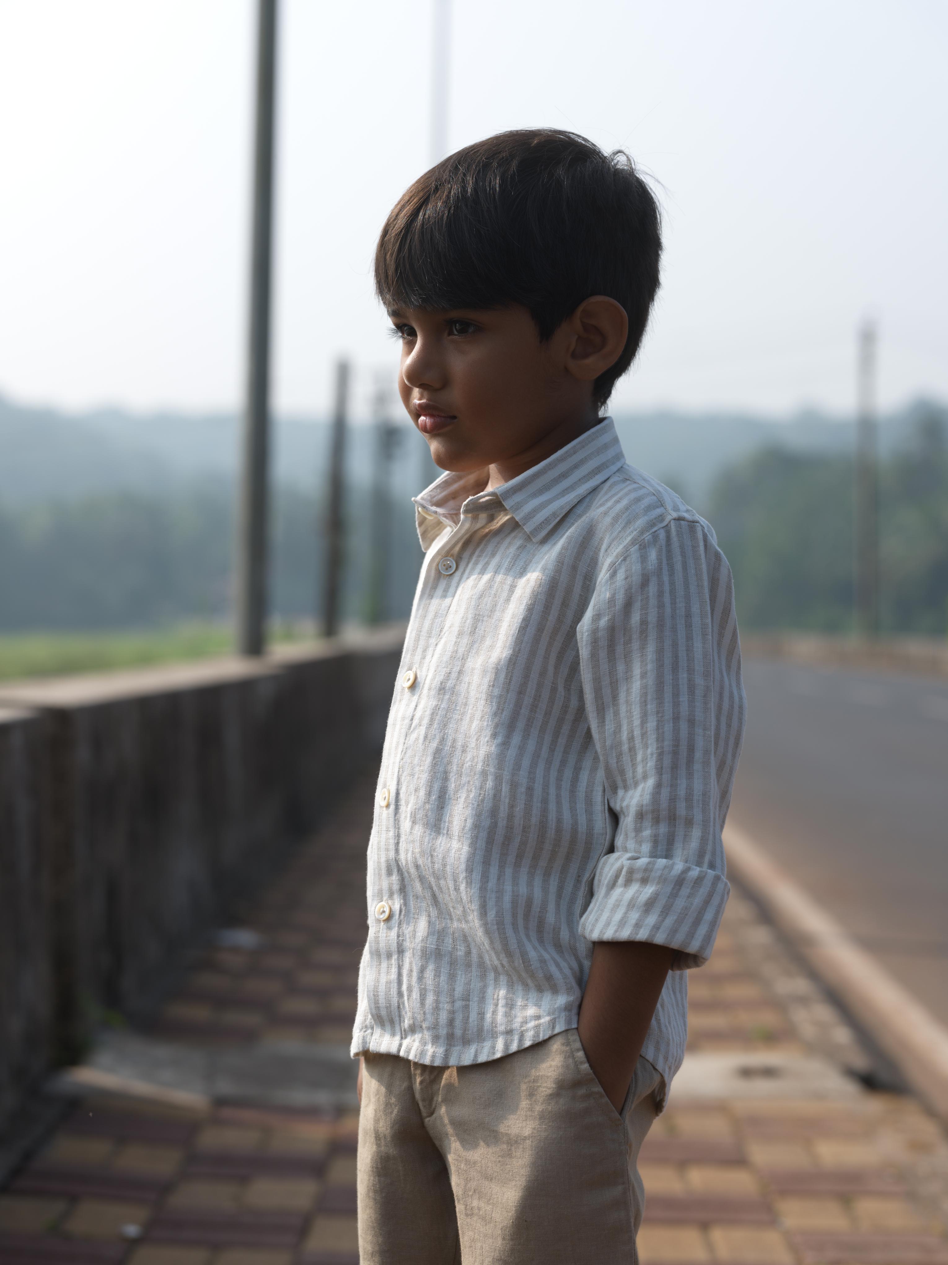 Boys Regular Collar Shirt Beige Stripe