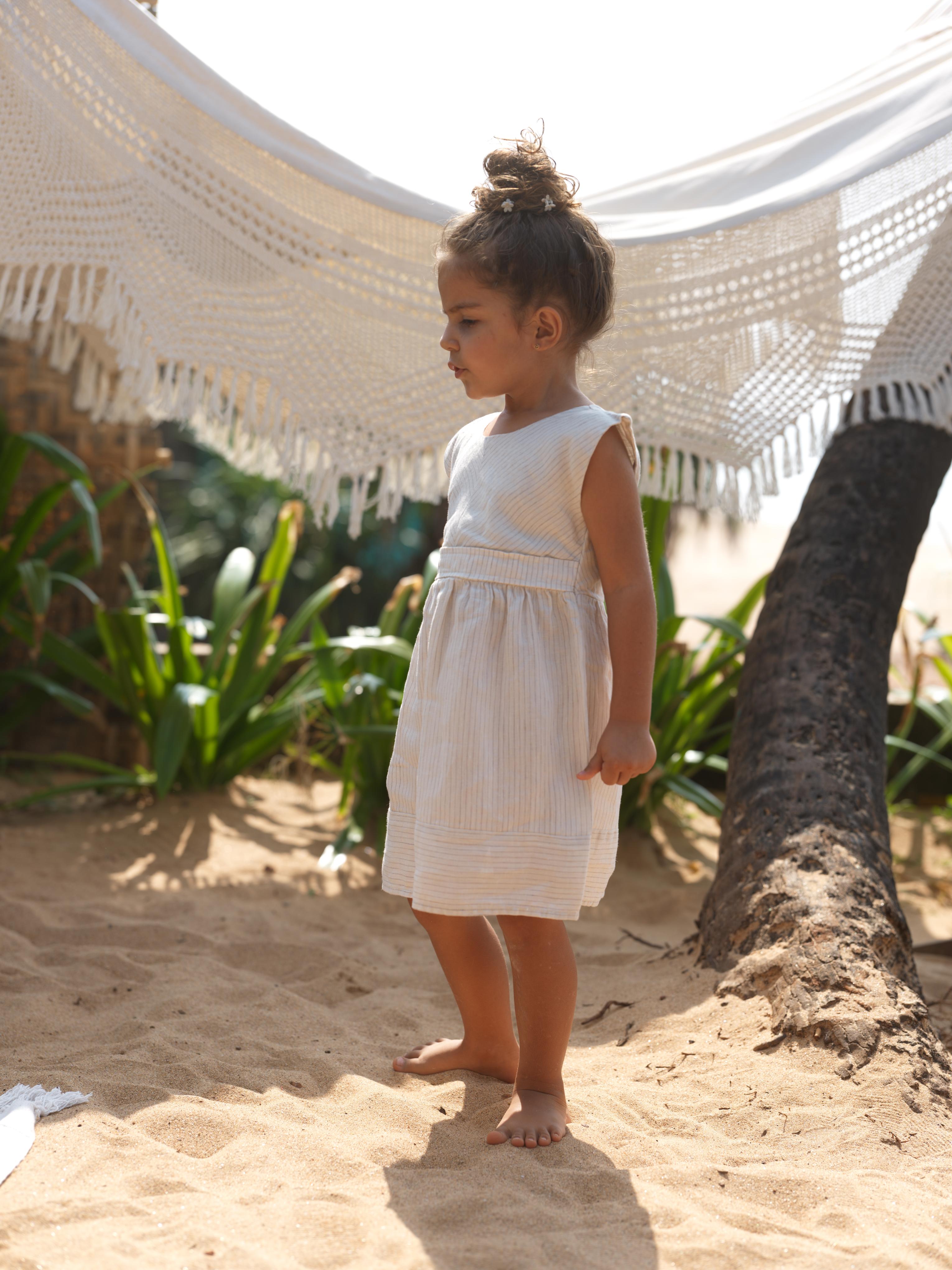 Girls Round Neck Back Opening Dress Beige Lines