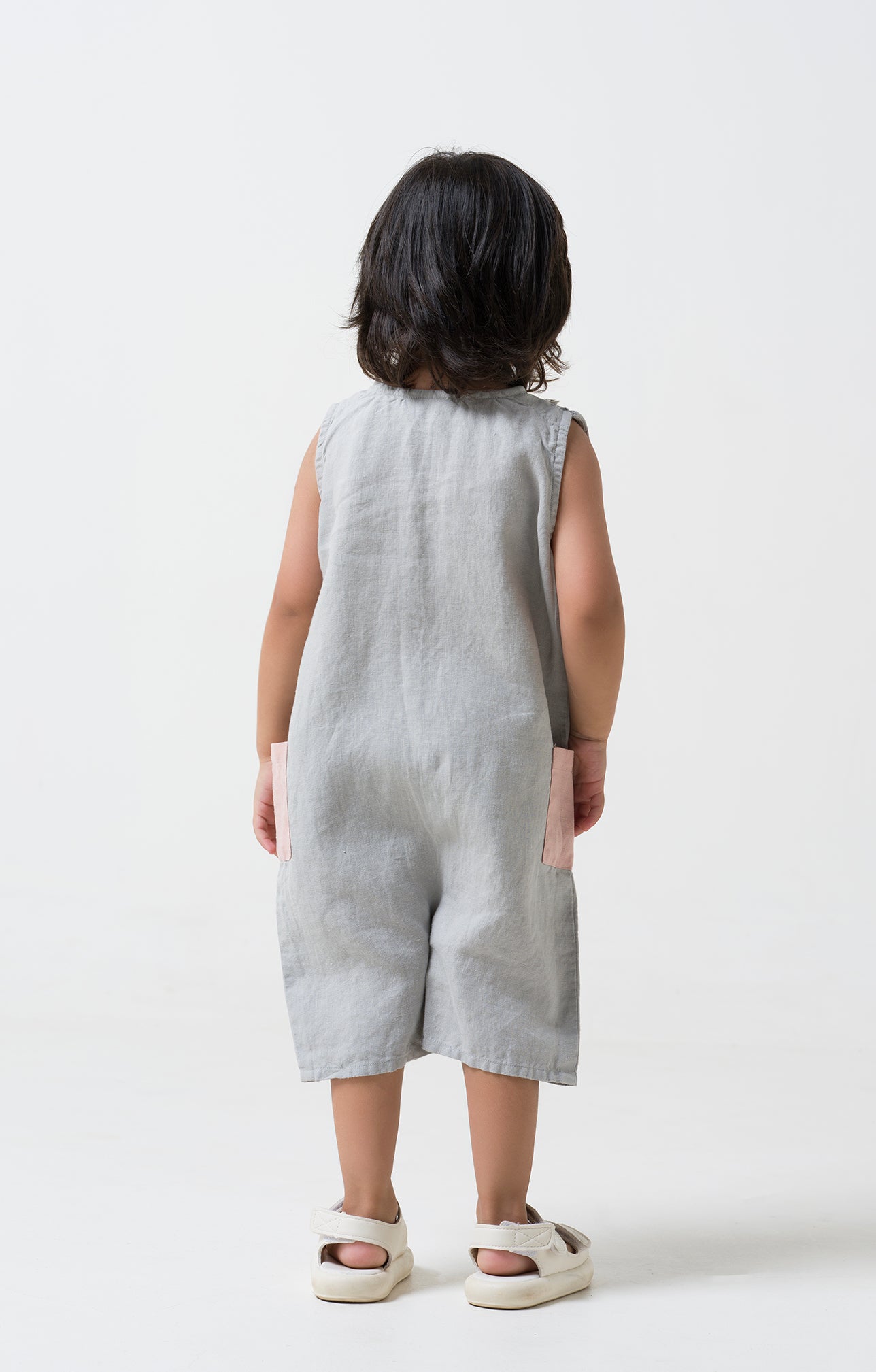Patch Pocket Romper - Cloud Grey  Pocket - Flamingo