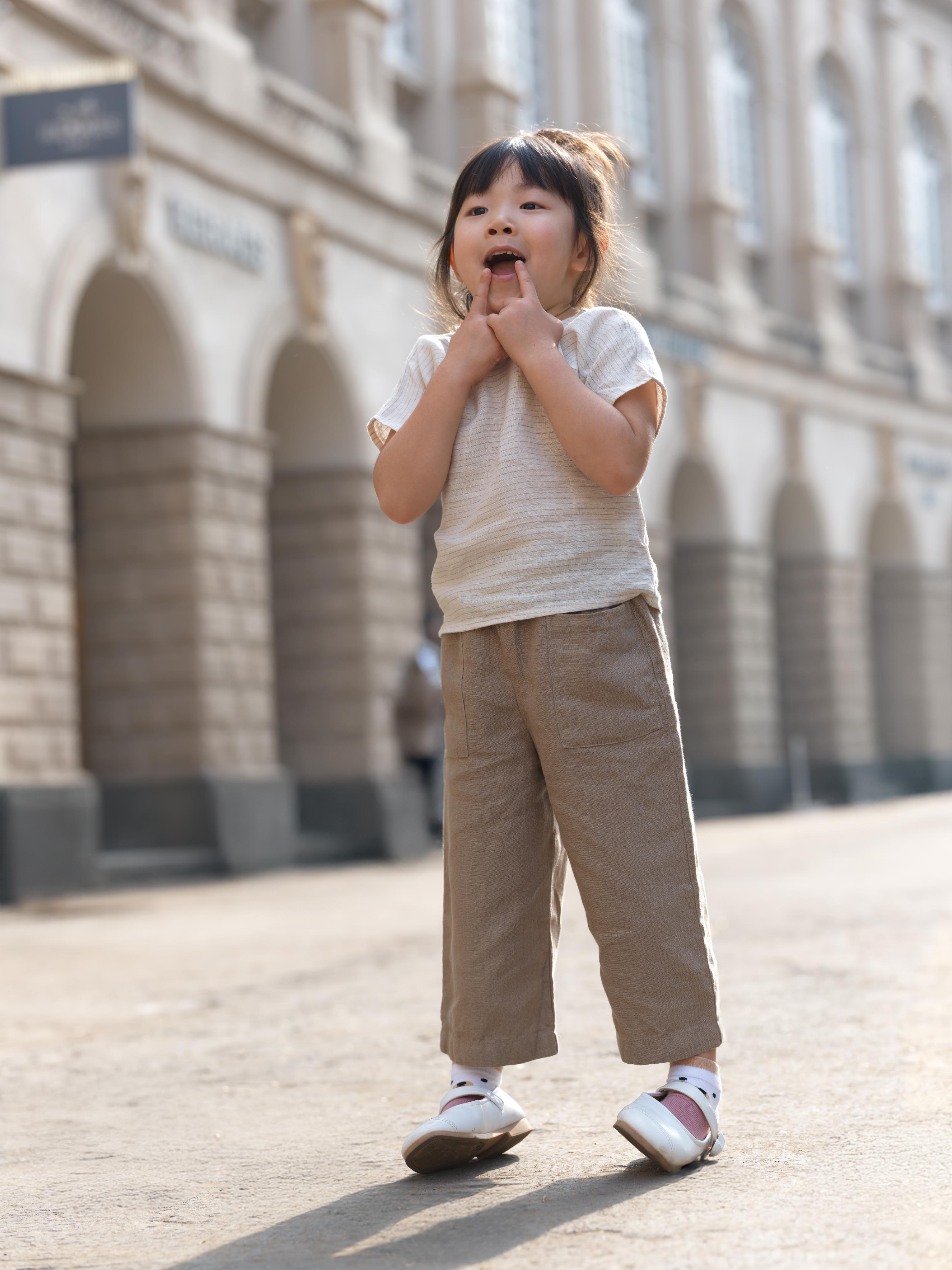 Girls Round Shoulder Top & Patch pocket Trousers Co-Ord set Beige Lines / Vintage Khaki