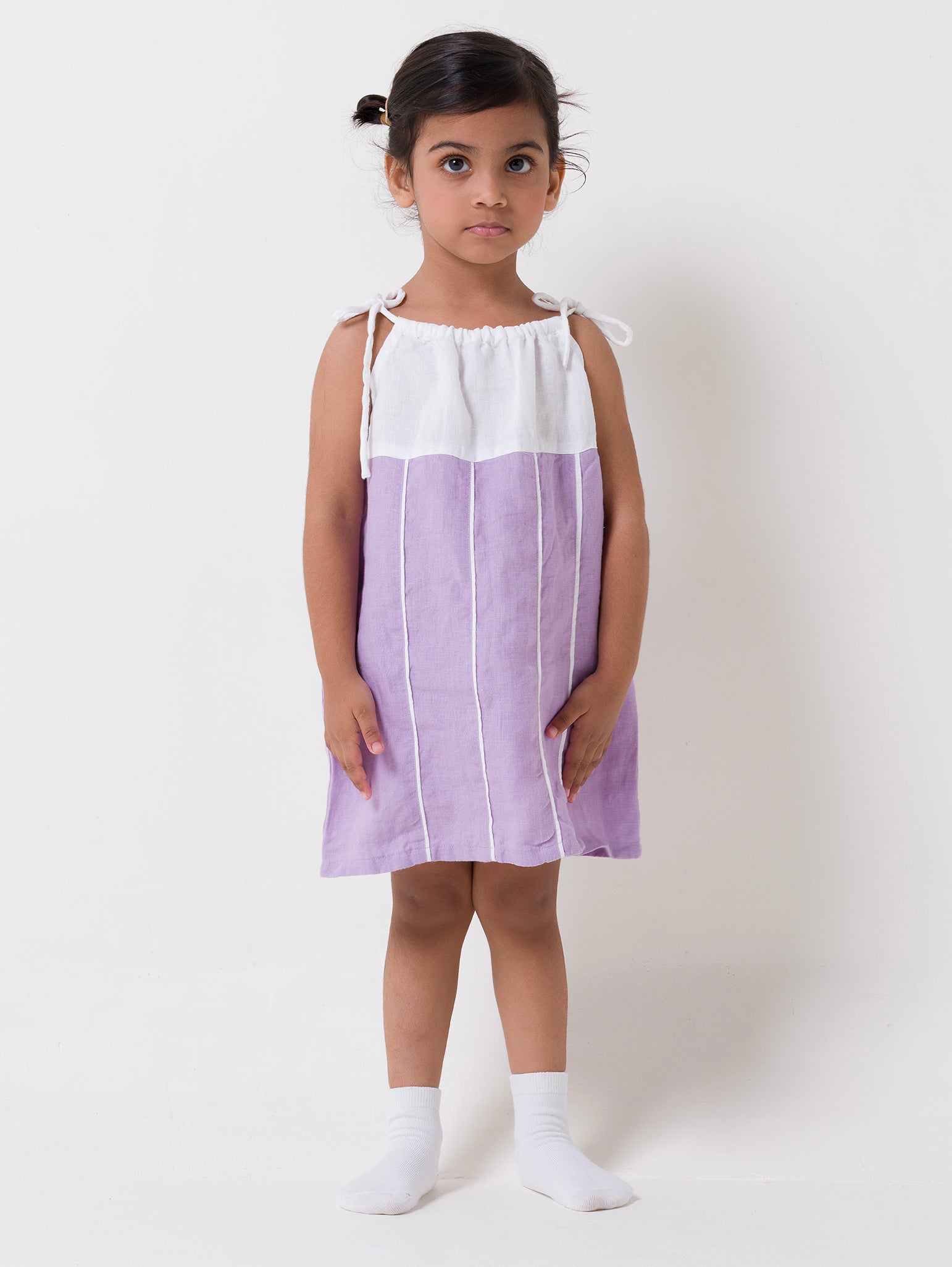 Vertical Stripe Frock Lavender Yoke & Stripe - White