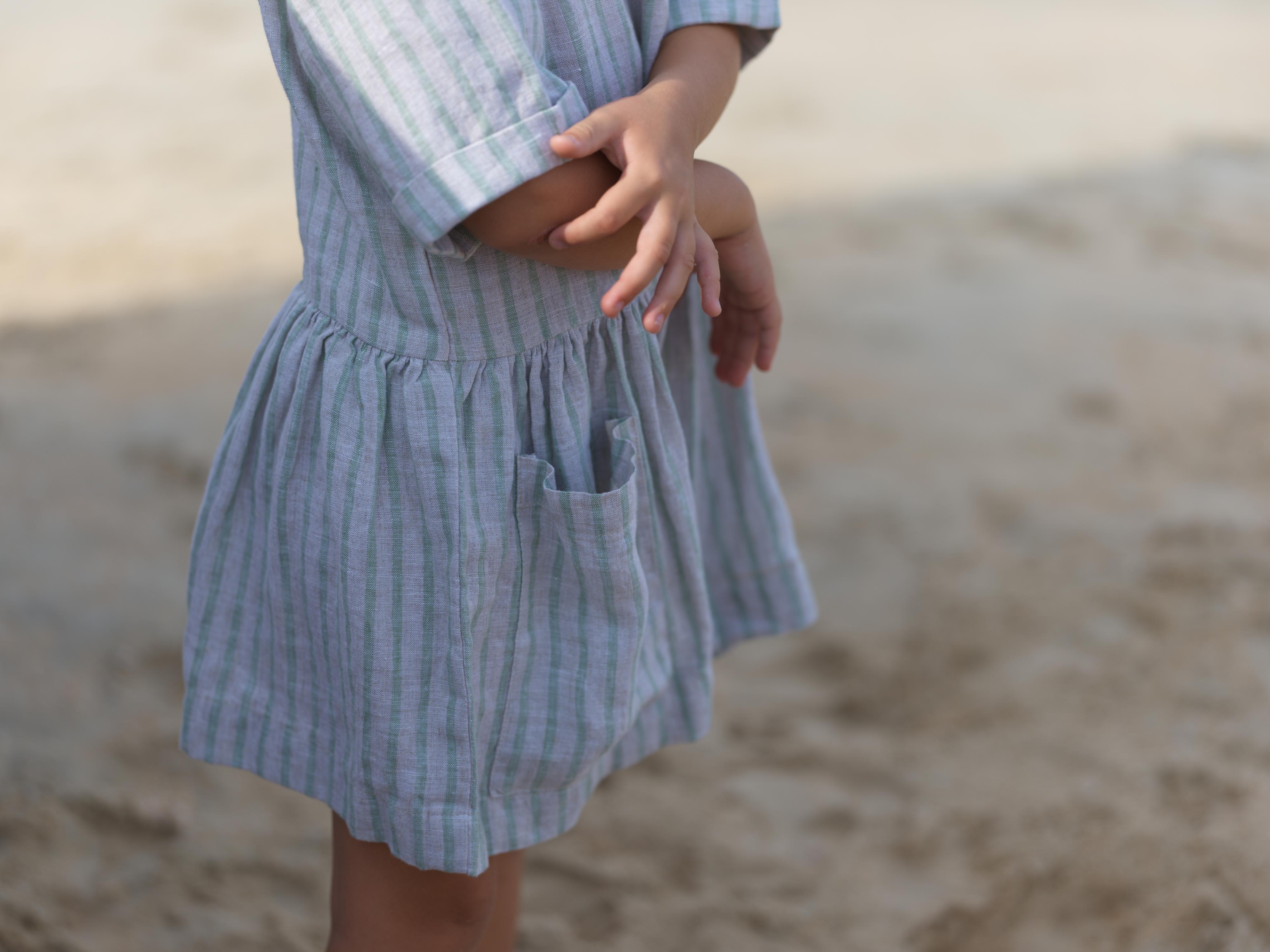 Girl Patch Pocket Drop Shoulder Dress Sage Pencil Stripe