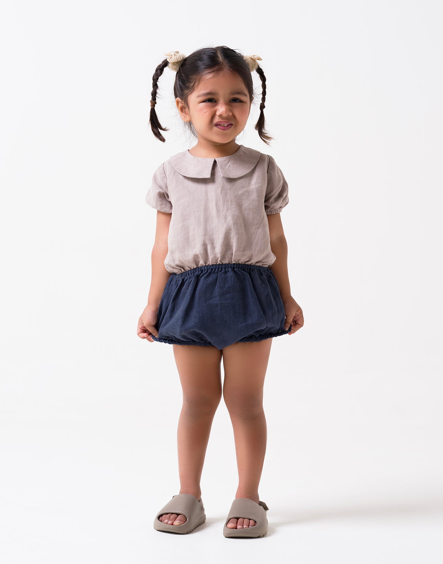 Bloom romper for girl T- Almond Beige - B- Navy Blue