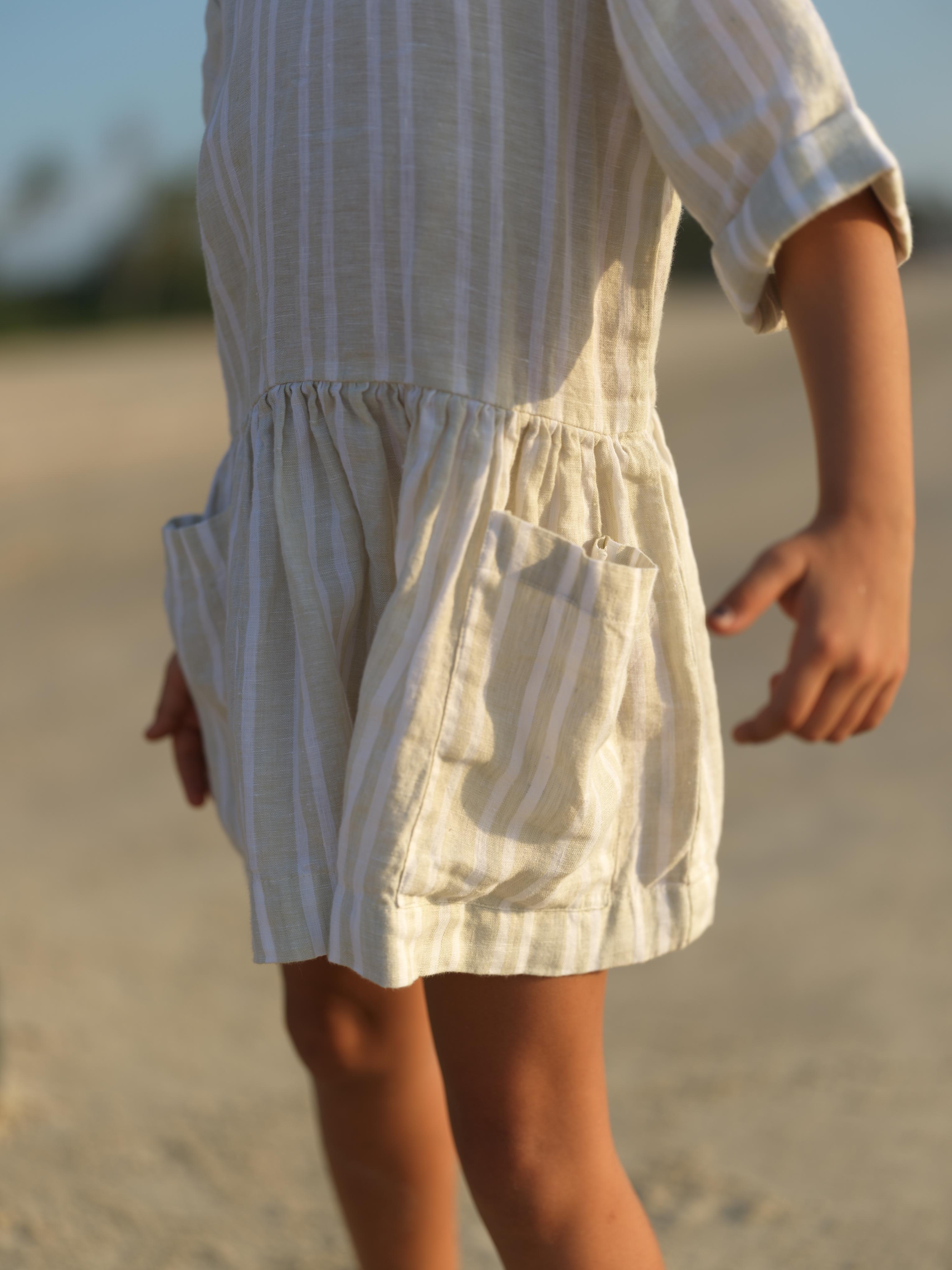 Girl Patch Pocket Drop Shoulder Dress Beige Double Stripe