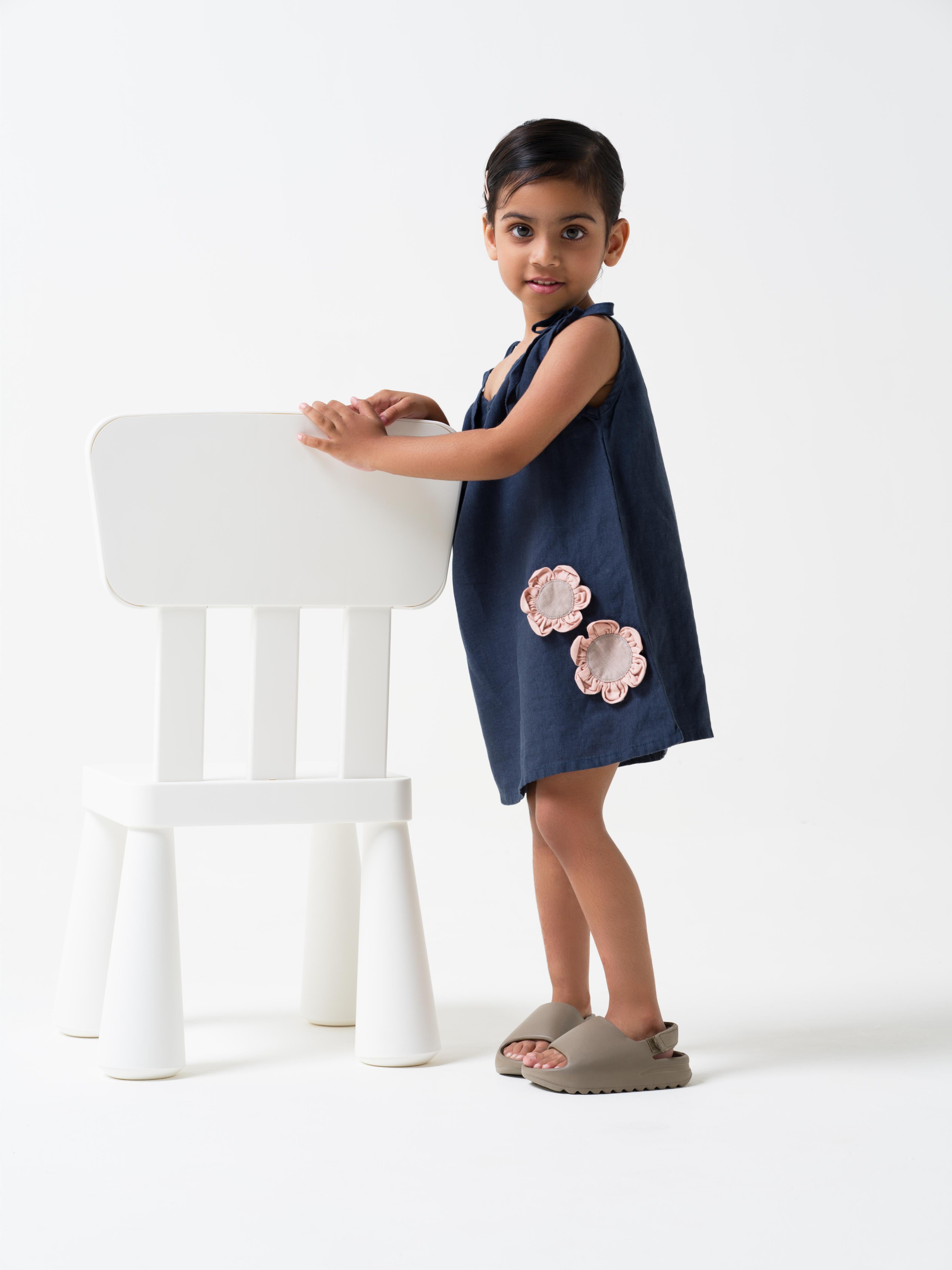 Navy Blue Tie-Up Shoulder Flower Frock