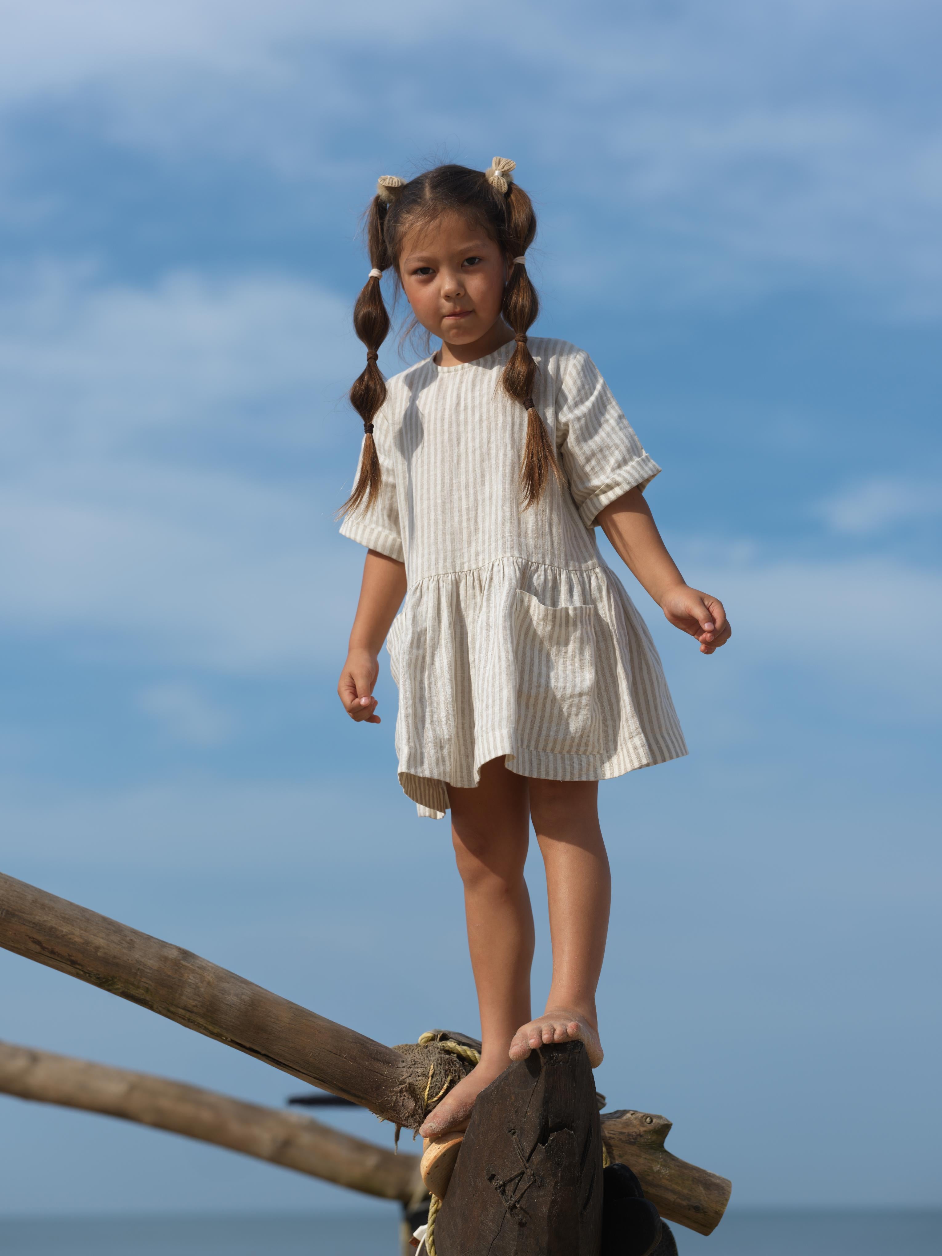 Girl Patch Pocket Drop Shoulder Dress Beige Stripes