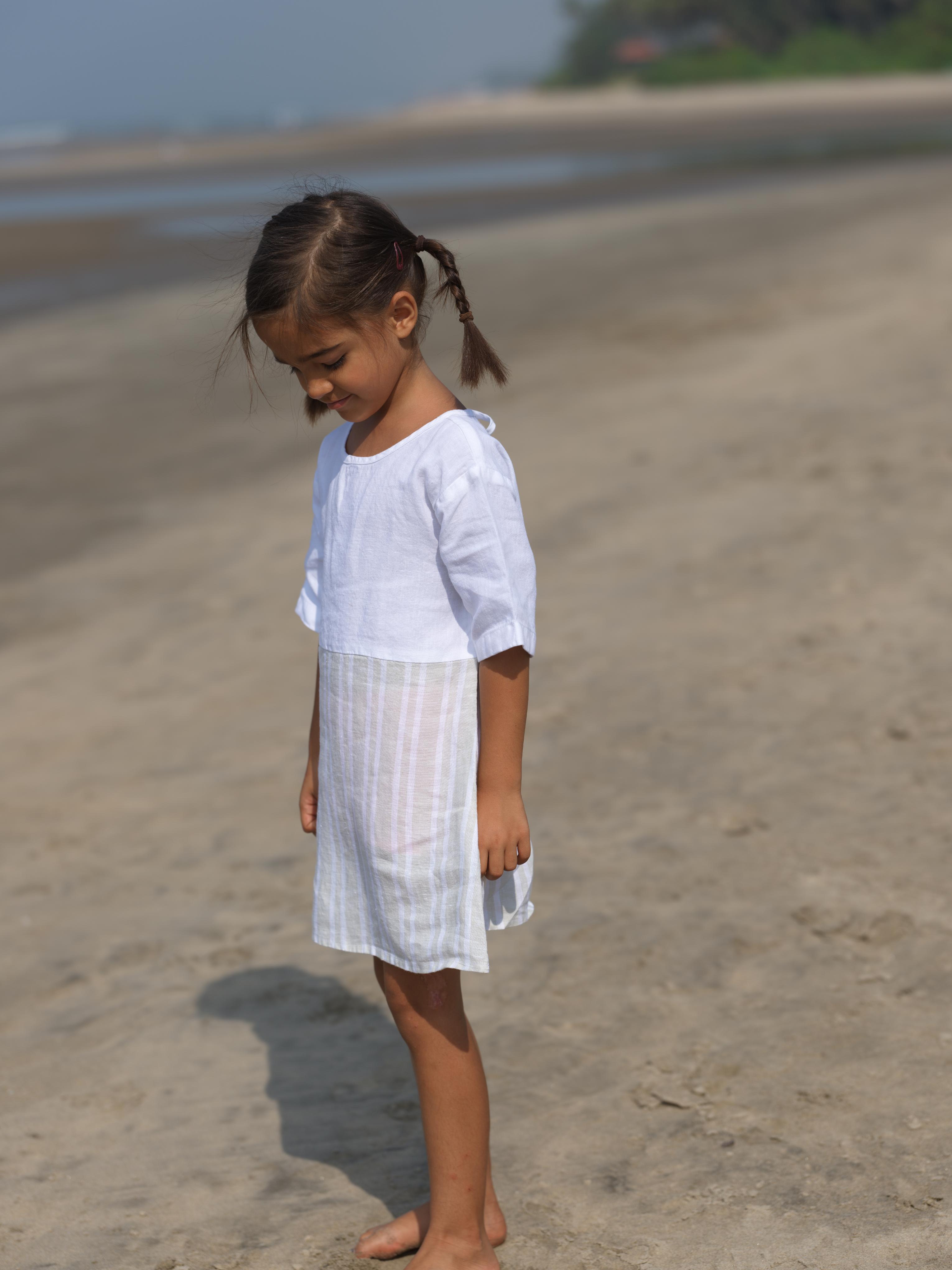 Girls Two Colour Casual Dress Beige Double Stripe / White