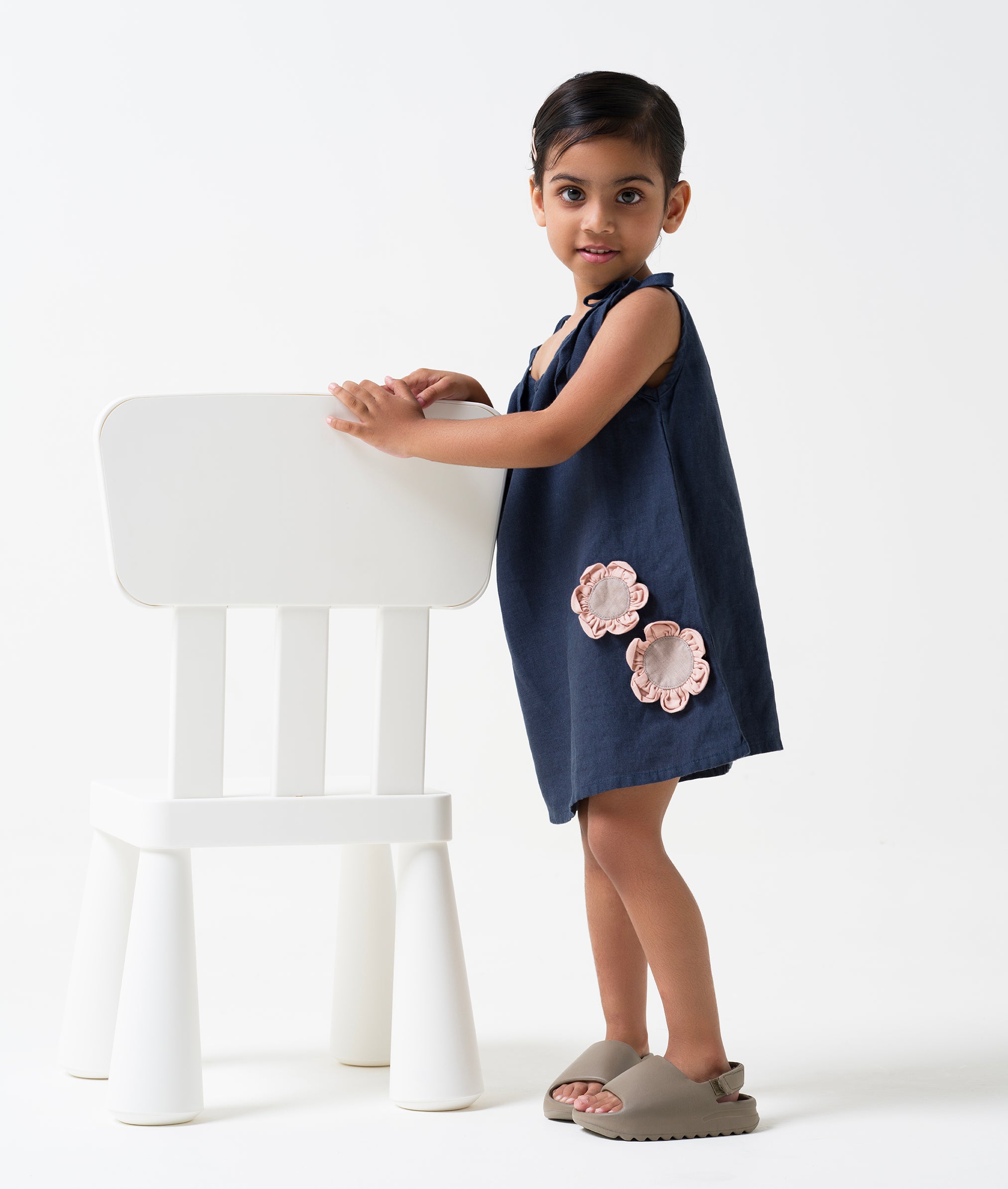 Navy Blue Tie-Up Shoulder Flower Frock