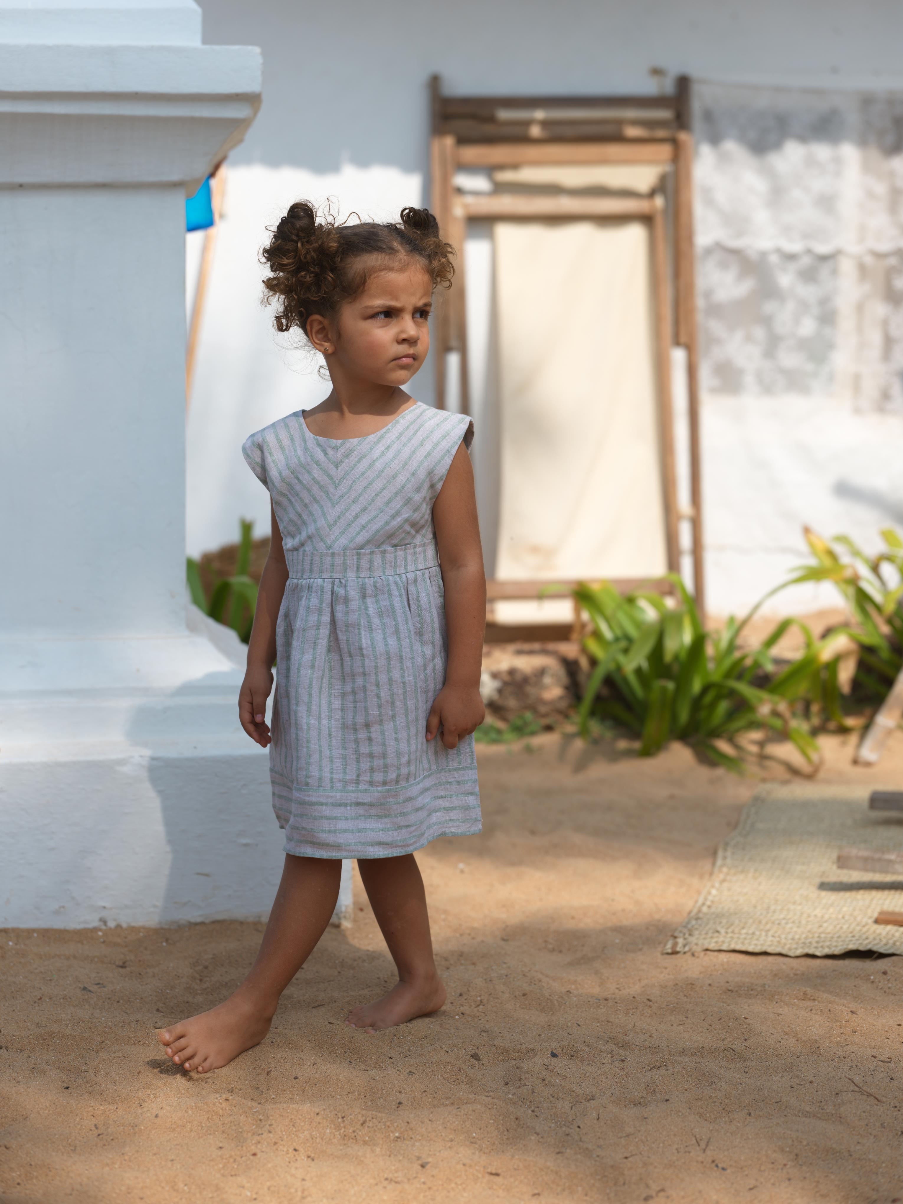 Girls Round Neck Back Opening Dress Sage Pencil Stripe