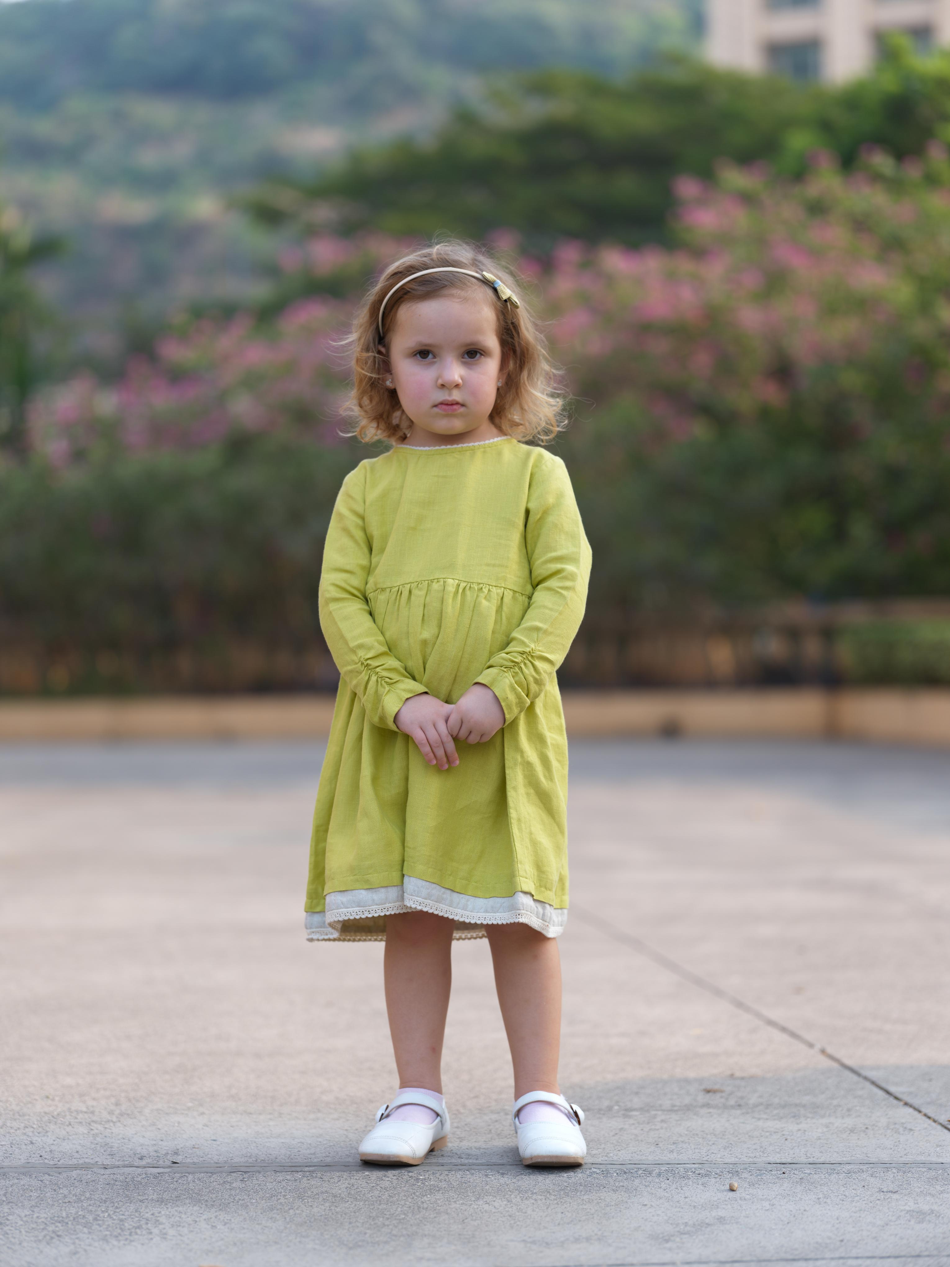 Girl Elastic Long Sleeve Dress Lime