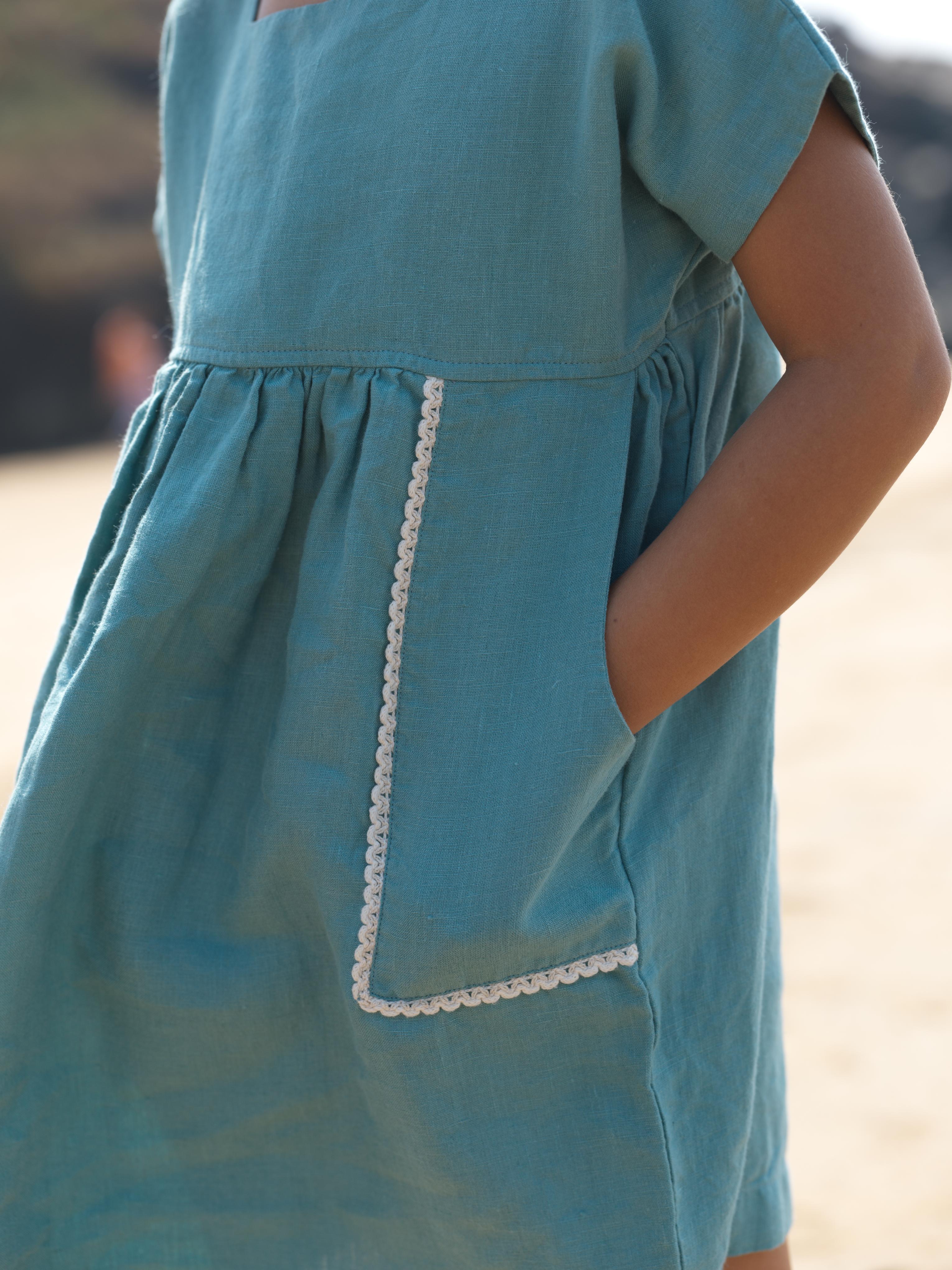 Girls Patch Pocket Tie-Back Dress Pine Green