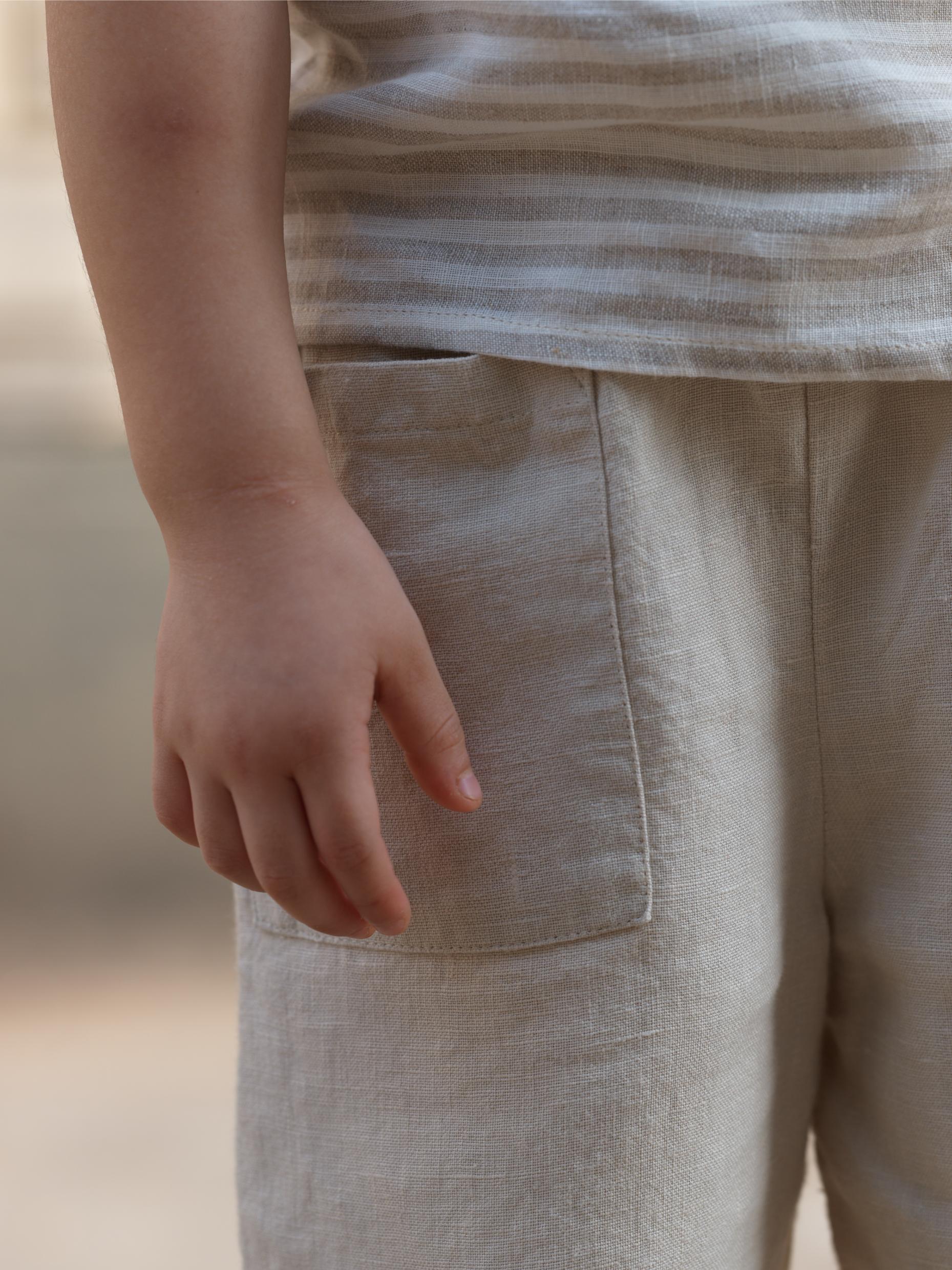 Girls Round Shoulder Top & Patch pocket Trousers Co-Ord set Beige Stripes / Oatmeal
