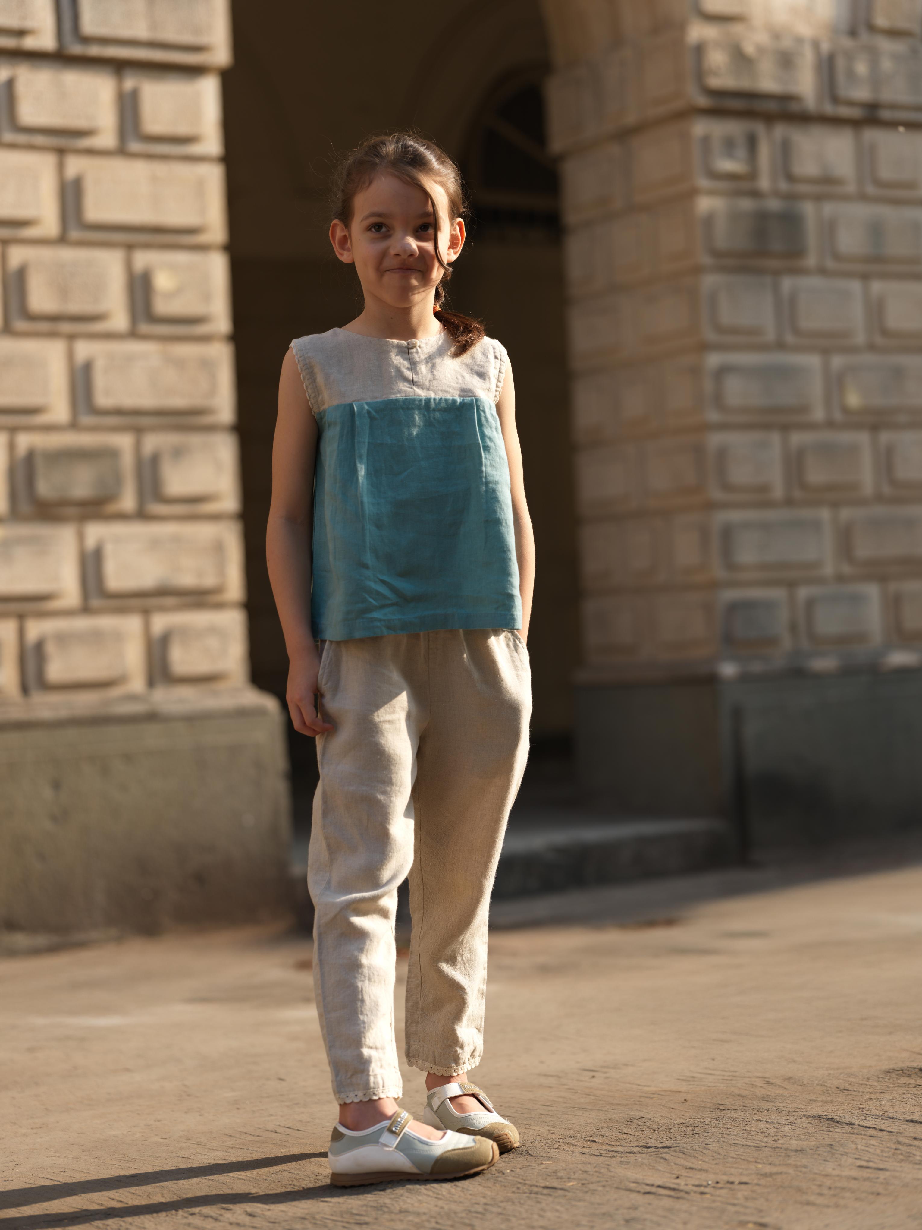 Girls Sleeveless Front Keyhole Top & Trousers Natural / Pine Green