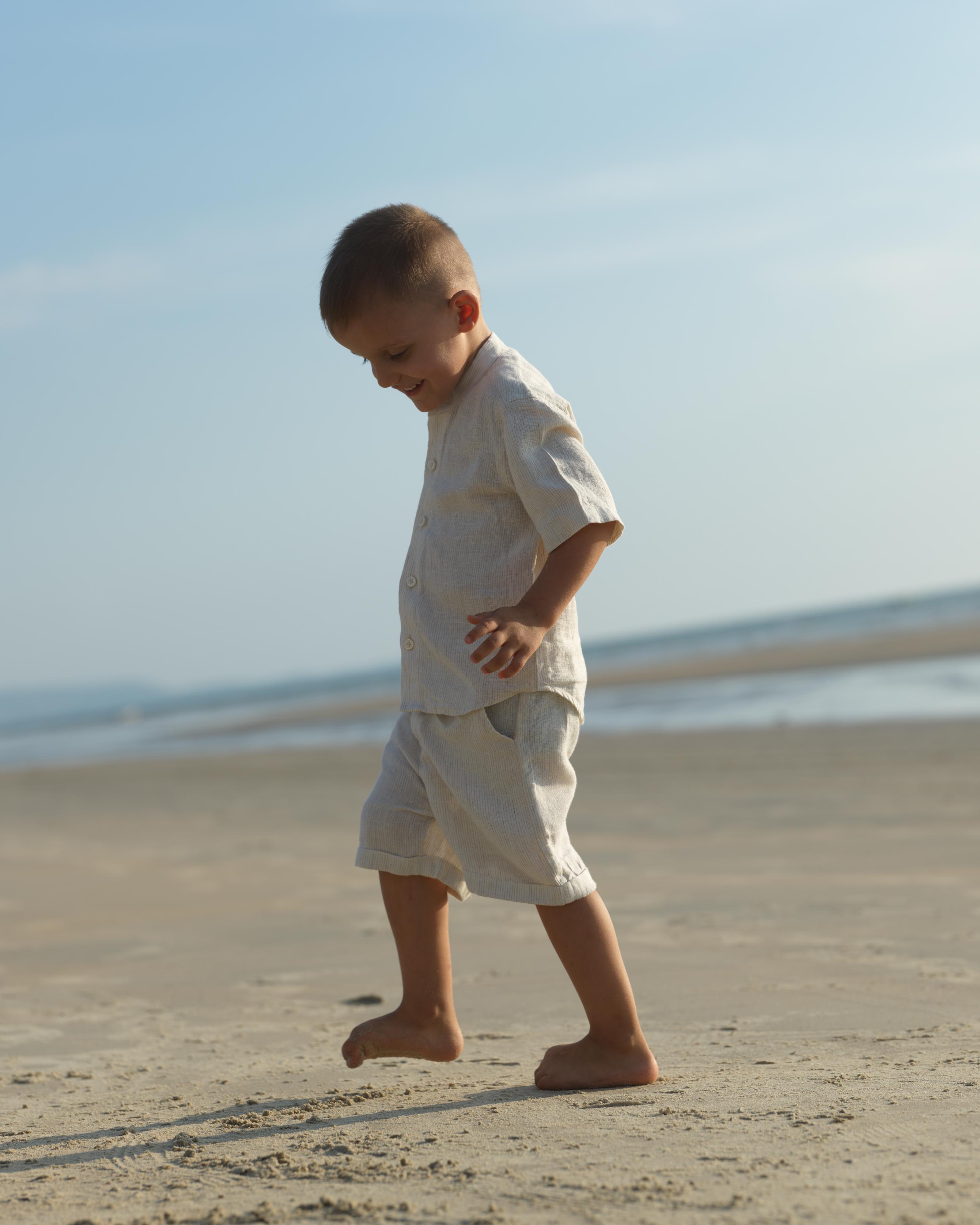 Boys Mandarin Collar Shirt & Shorts Co-Ord Beige